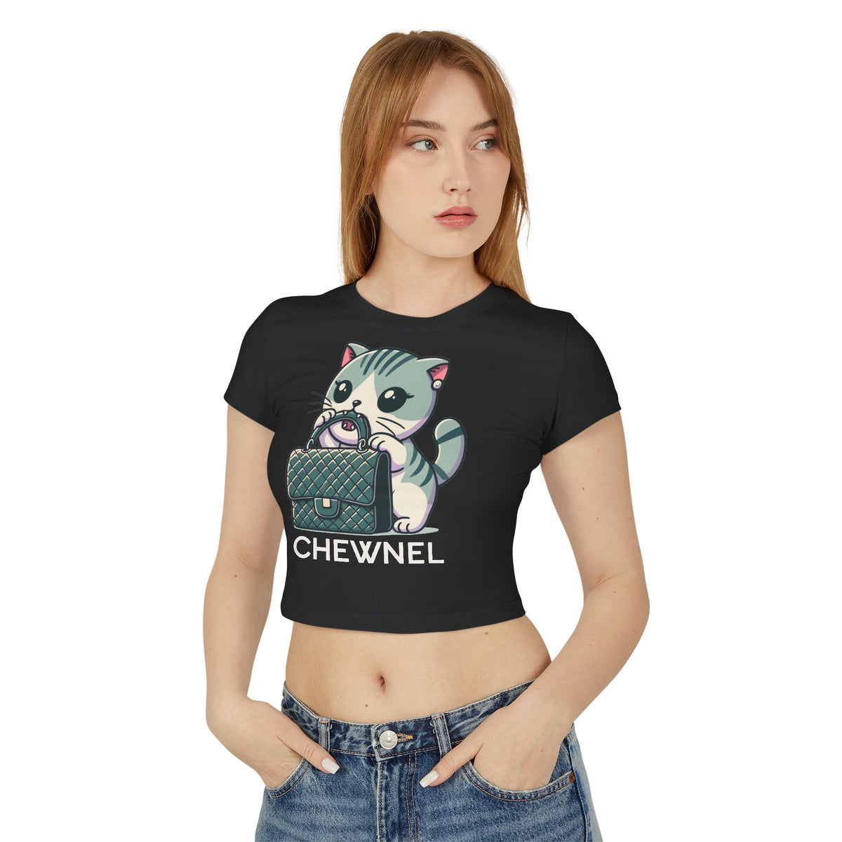 Chewnel Purse Snatcher Cat Graphic Baby Tee in black, worn by a model