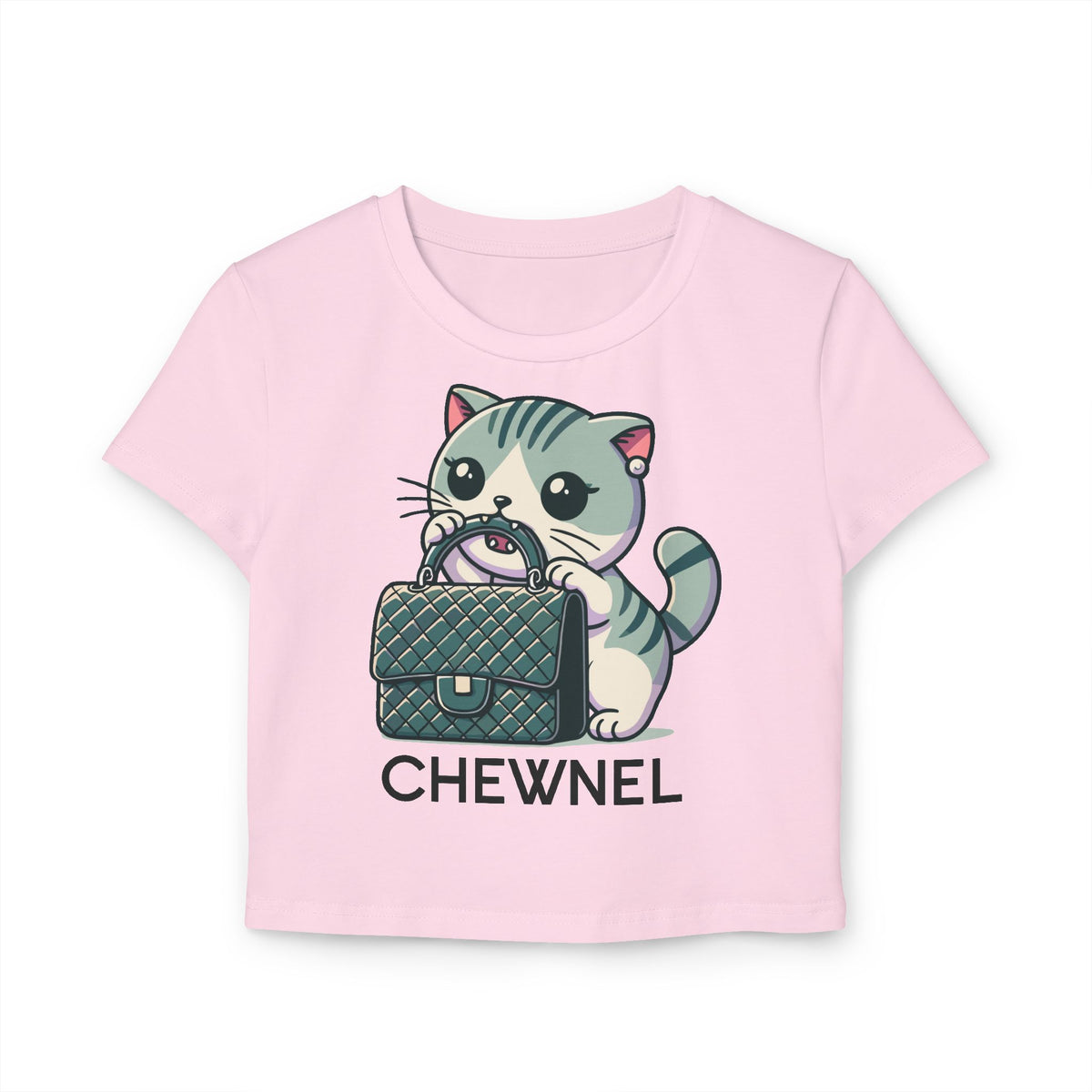 Chewnel Purse Snatcher Cat Graphic Baby Tee in light pink, front view