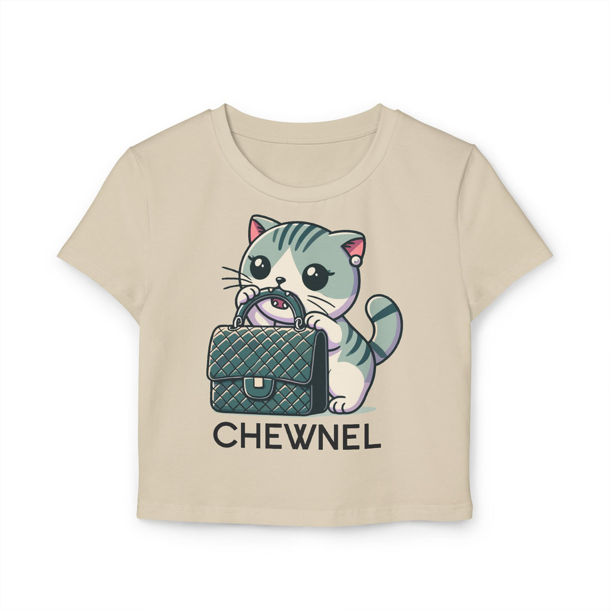 Chewnel Purse Snatcher Cat Graphic Baby Tee in sand, flat lay