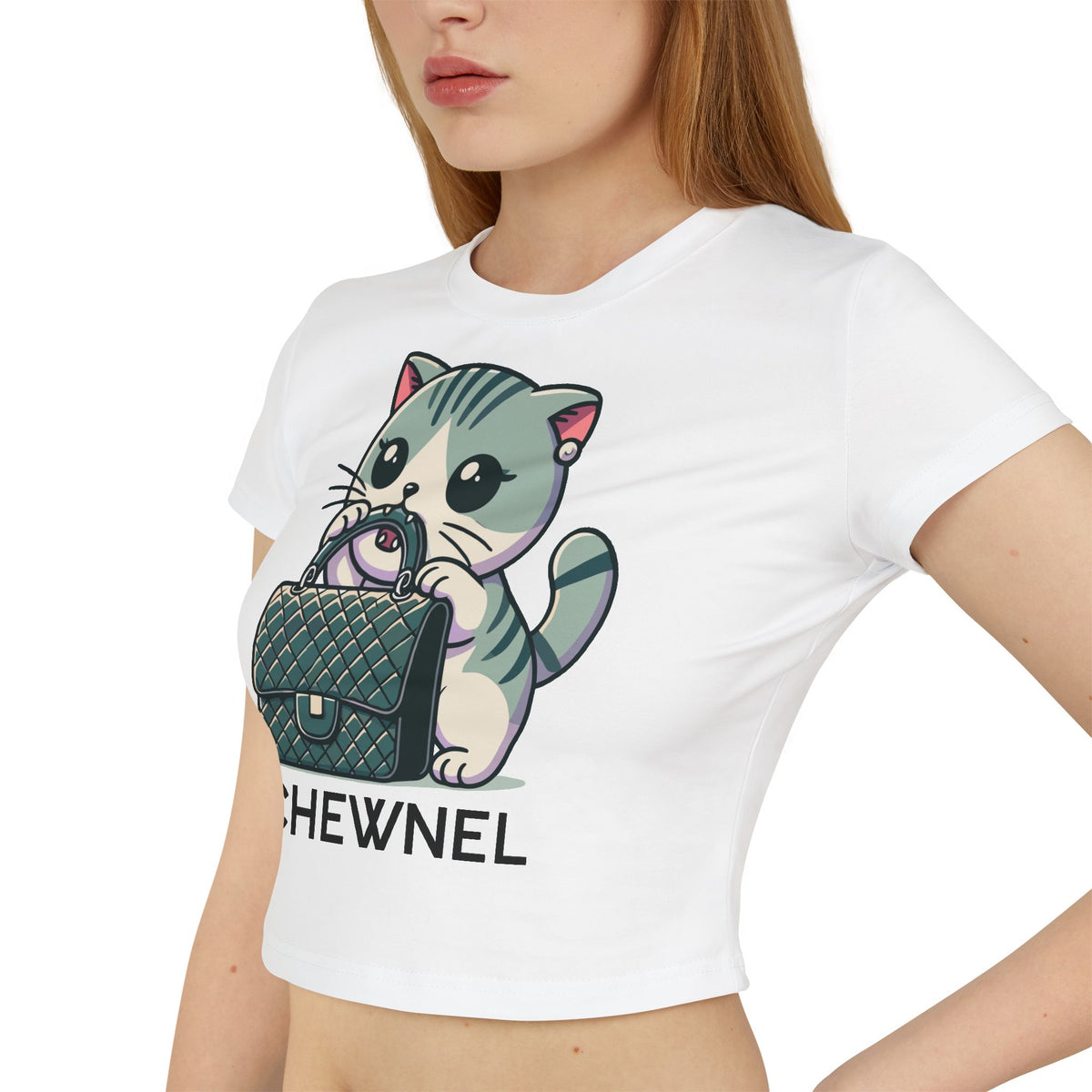 Chewnel Purse Snatcher Cat Graphic Baby Tee in white, worn by a model