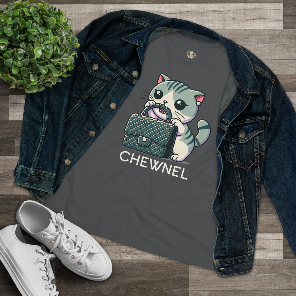 Chewnel Purse Snatcher Cat Graphic Women's T-Shirt in asphalt, flat lay