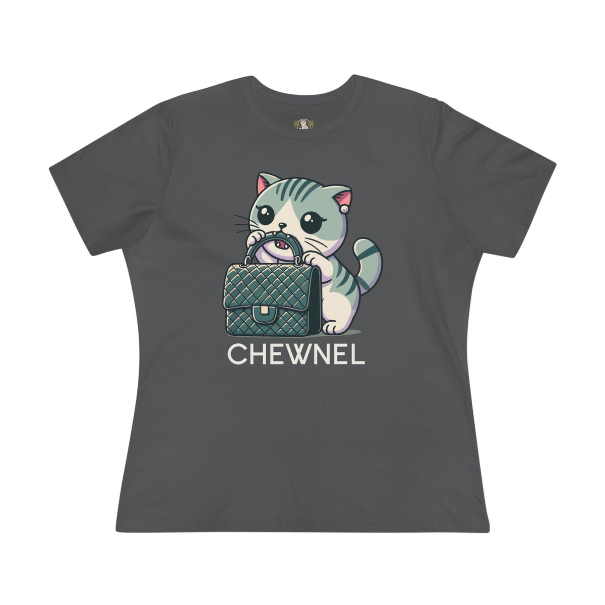 Chewnel Purse Snatcher Cat Graphic Women's T-Shirt in asphalt, front view