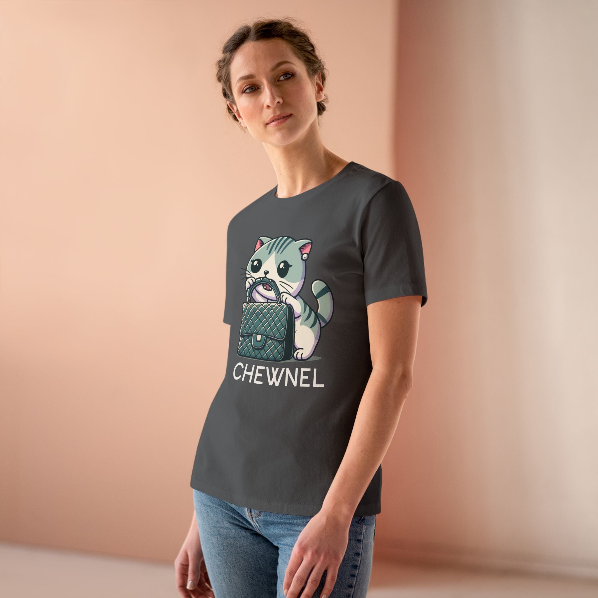 Chewnel Purse Snatcher Cat Graphic Women's T-Shirt in asphalt, worn by a model