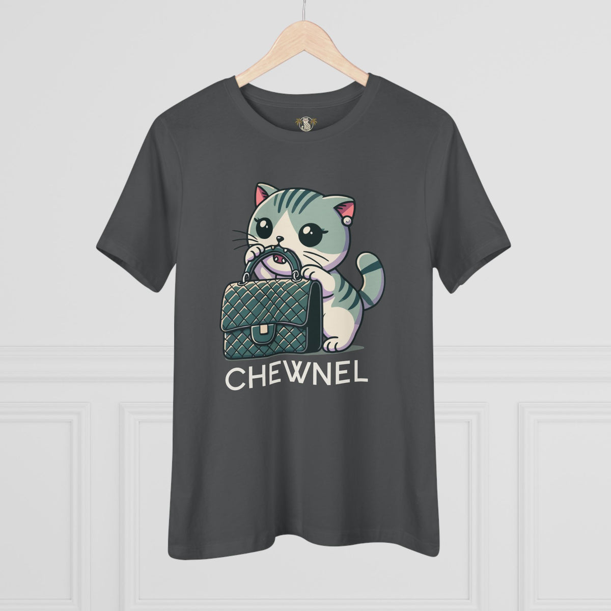 Chewnel Purse Snatcher Cat Graphic Women's T-Shirt in asphalt, on a hanger