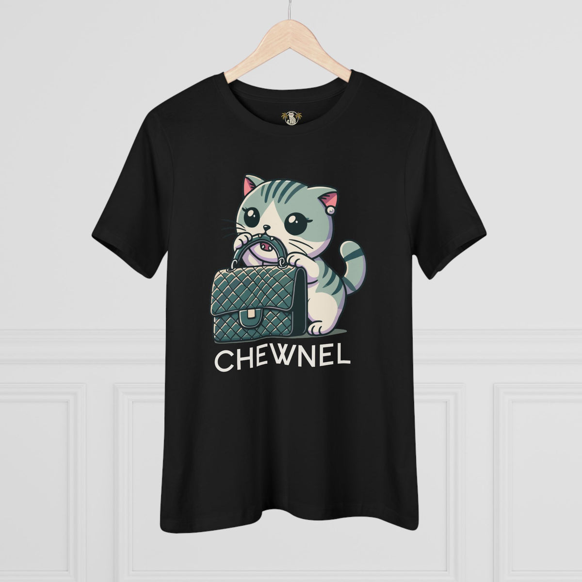 Chewnel Purse Snatcher Cat Graphic Women's T-Shirt in black, on a hanger