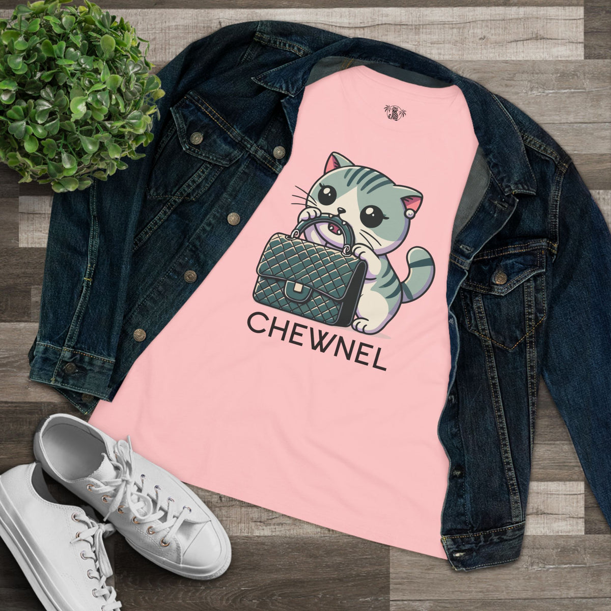 Chewnel Purse Snatcher Cat Graphic Women's T-Shirt in pink, flat lay
