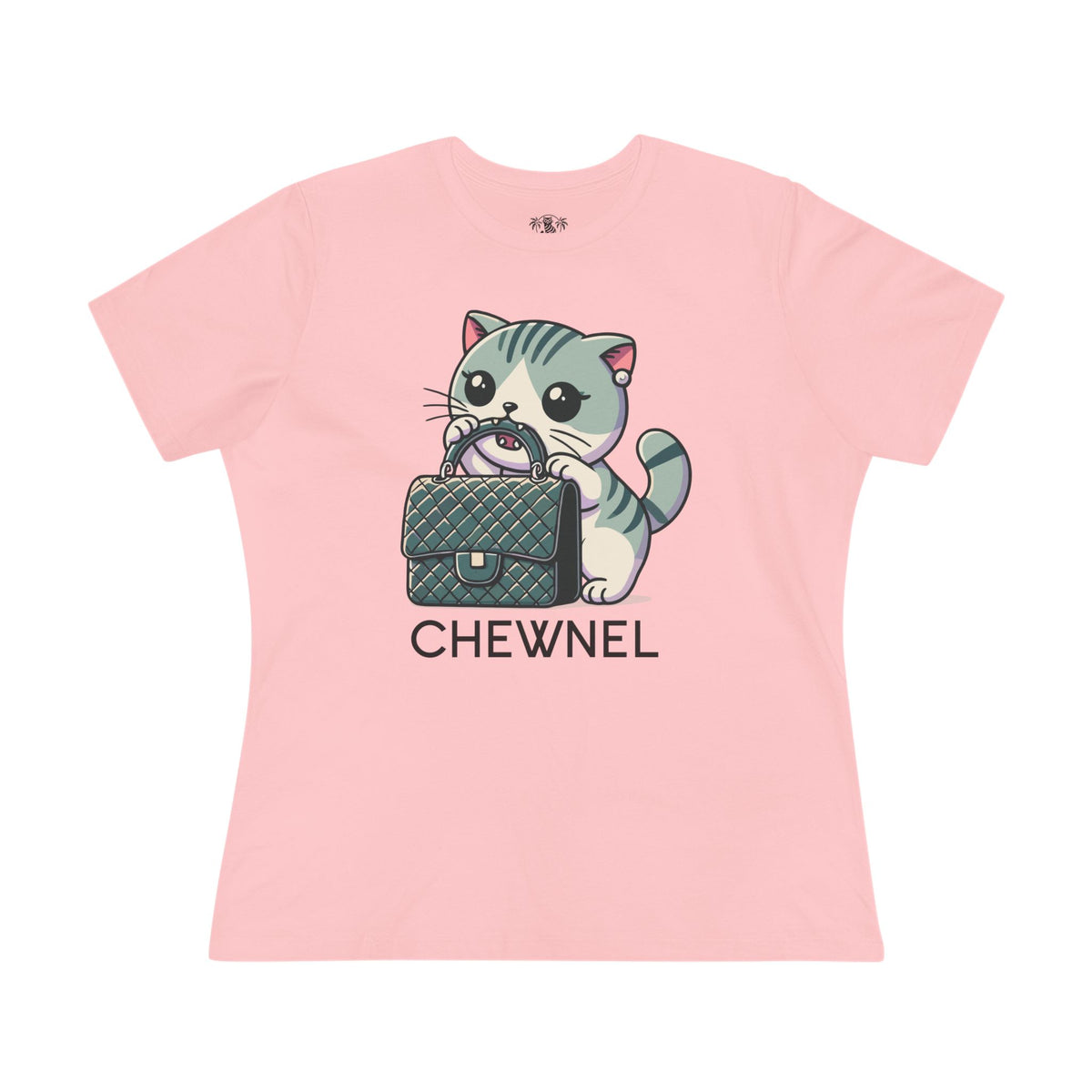 Chewnel Purse Snatcher Cat Graphic Women's T-Shirt in pink, front view