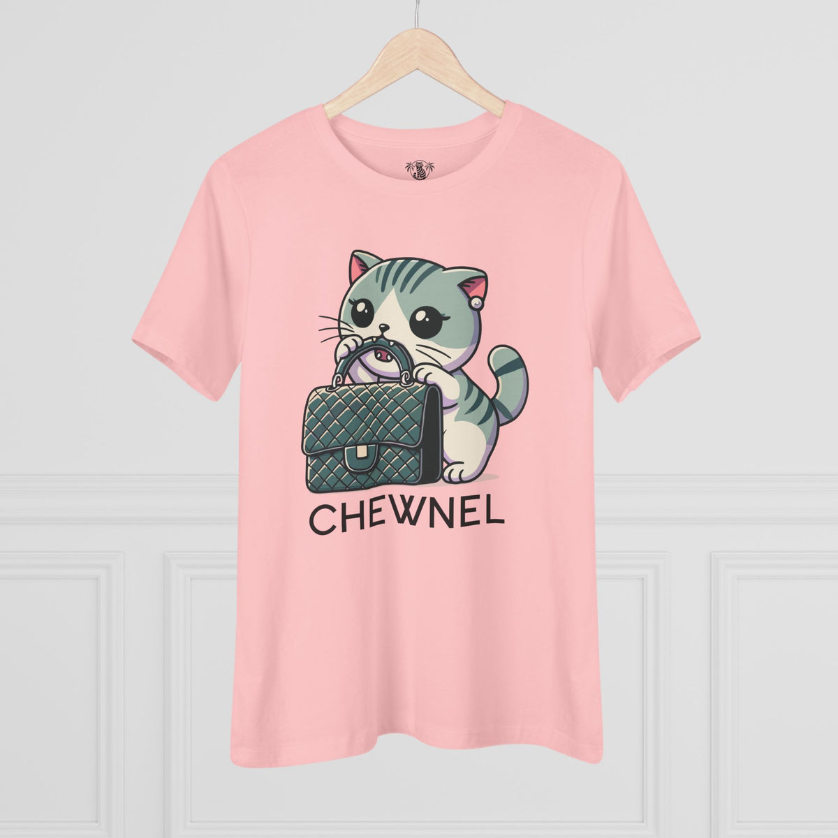 Chewnel Purse Snatcher Cat Graphic Women's T-Shirt in pink, on a hanger
