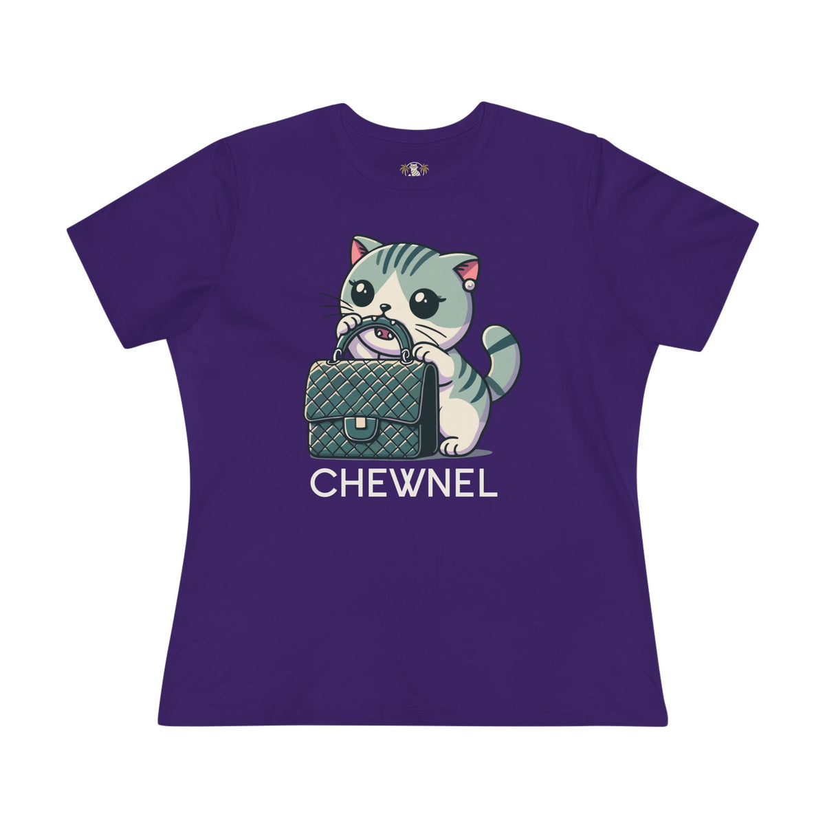 Chewnel Purse Snatcher Cat Graphic Women's T-Shirt in team purple, front view