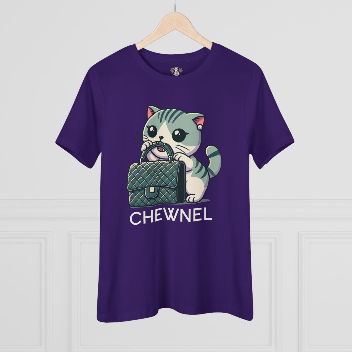 Chewnel Purse Snatcher Cat Graphic Women's T-Shirt in team purple, on a hanger