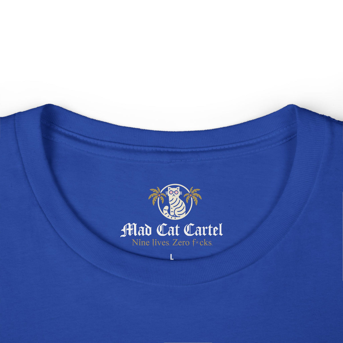 Chewnel Purse Snatcher Cat Graphic Women's T-Shirt in true royal, close-up detail