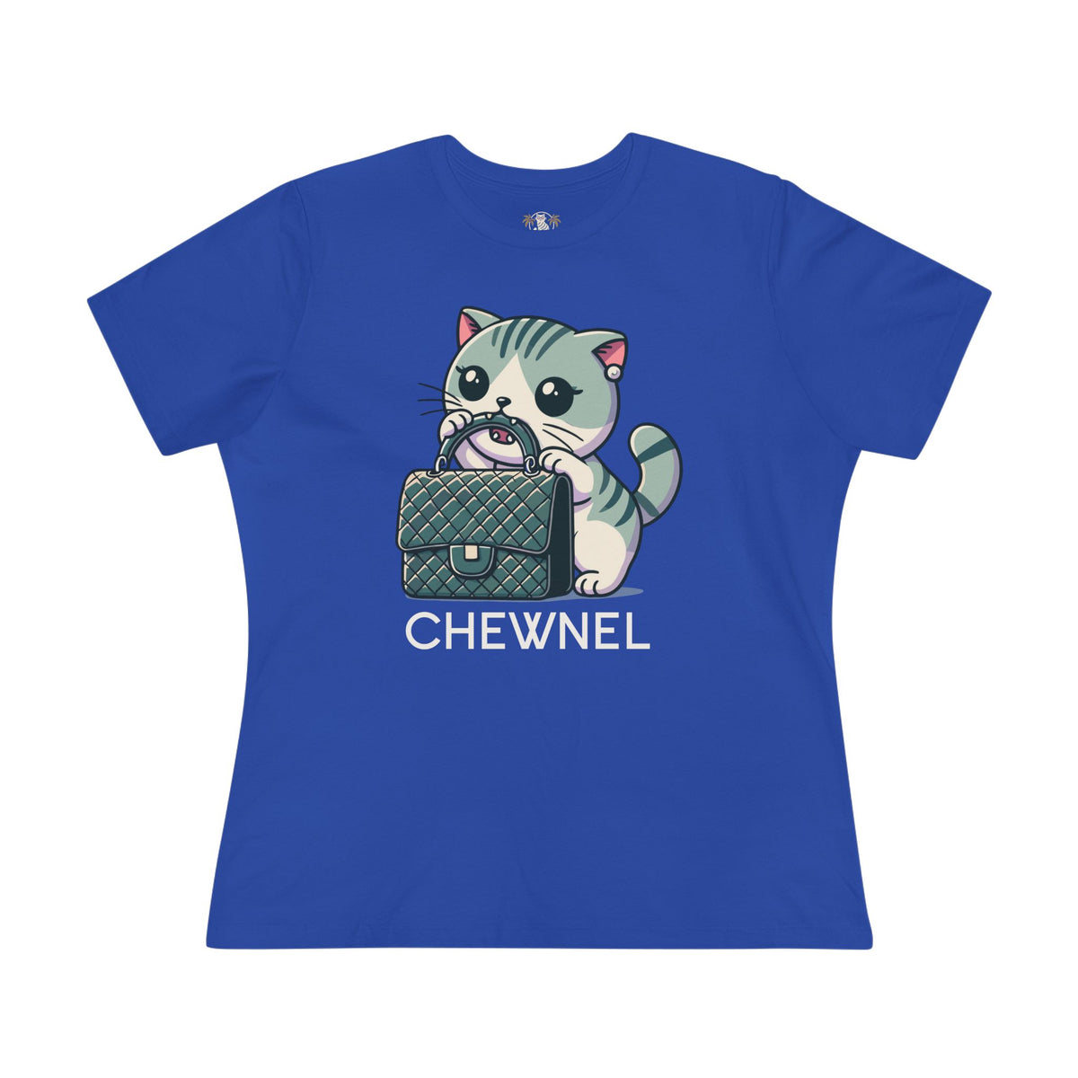 Chewnel Purse Snatcher Cat Graphic Women's T-Shirt in true royal, front view