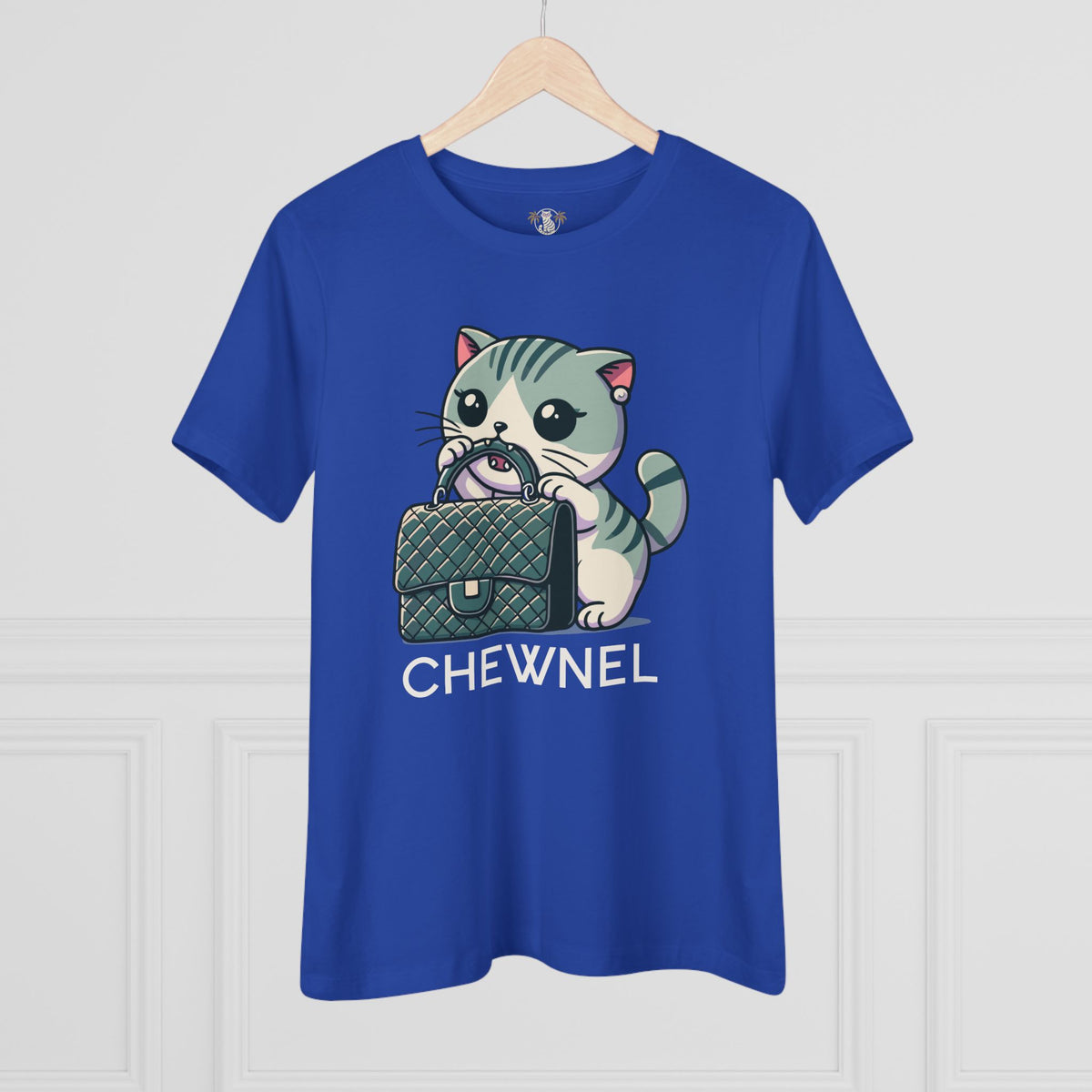 Chewnel Purse Snatcher Cat Graphic Women's T-Shirt in true royal, on a hanger