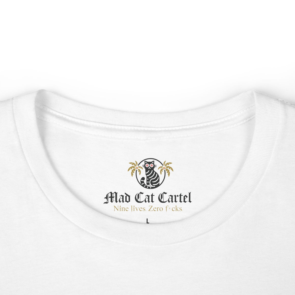 Chewnel Purse Snatcher Cat Graphic Women's T-Shirt in white, close-up detail