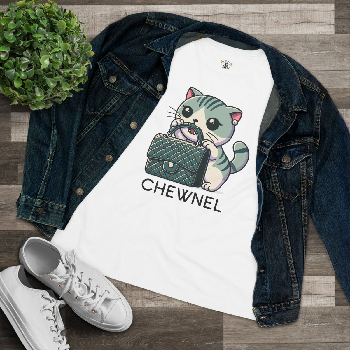 Chewnel Purse Snatcher Cat Graphic Women's T-Shirt in white, flat lay