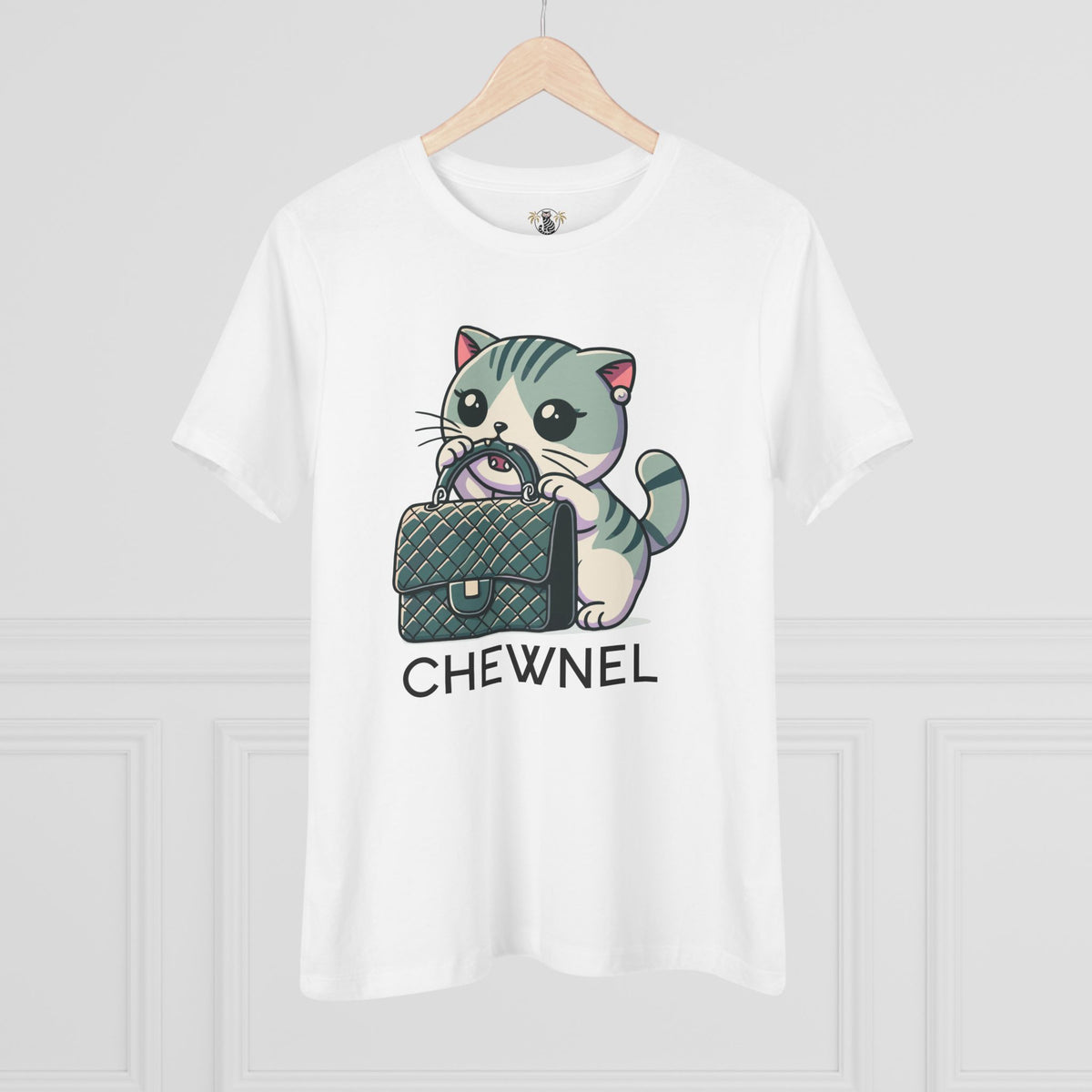 Chewnel Purse Snatcher Cat Graphic Women's T-Shirt in white, on a hanger