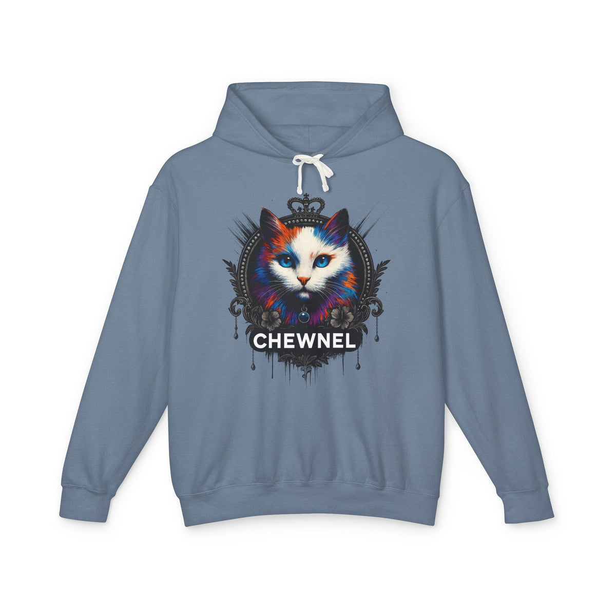 Chewnel Royal Baroque Cat Graphic Hoodie in blue jean, front view