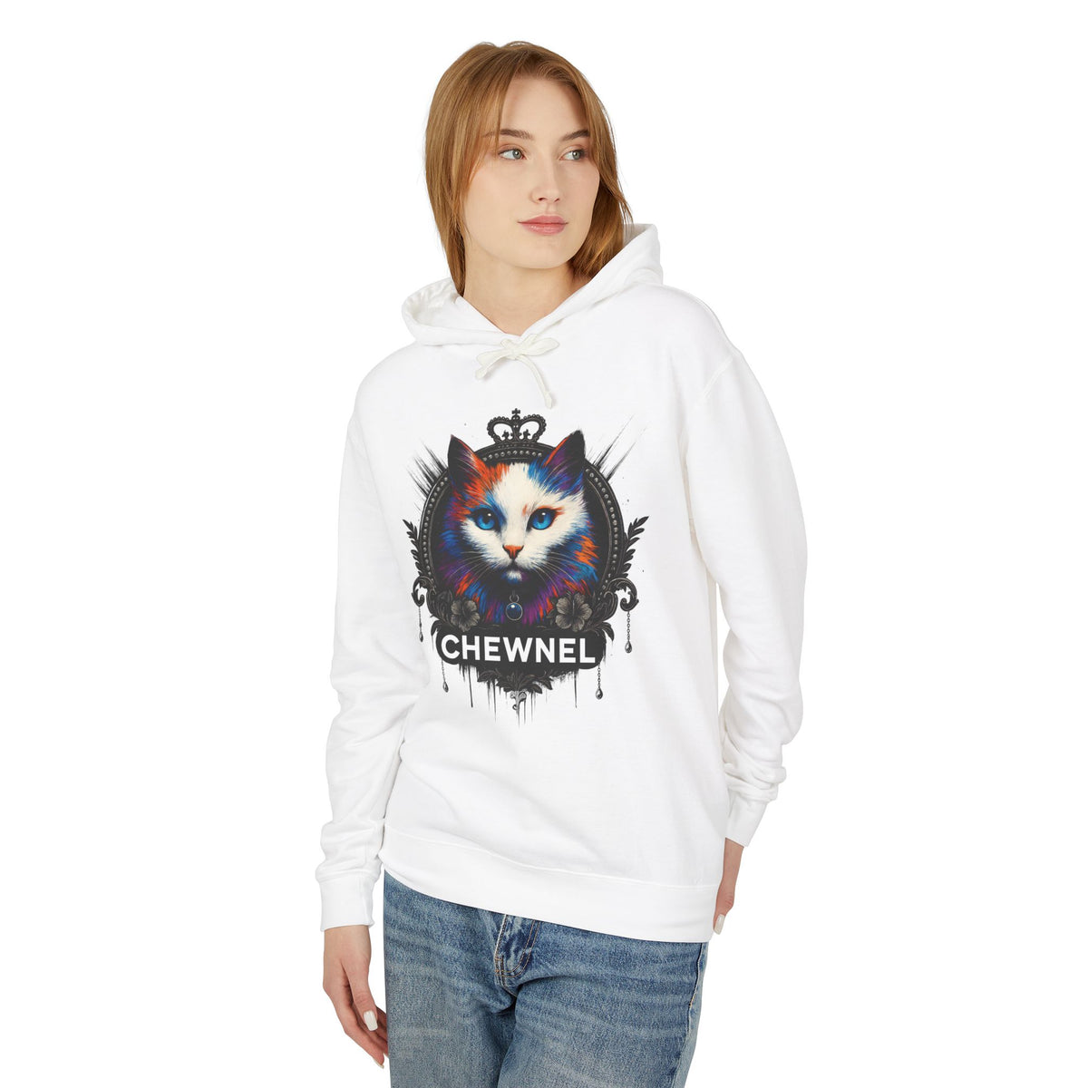 Chewnel Royal Baroque Cat Graphic Hoodie in white, worn by a female model
