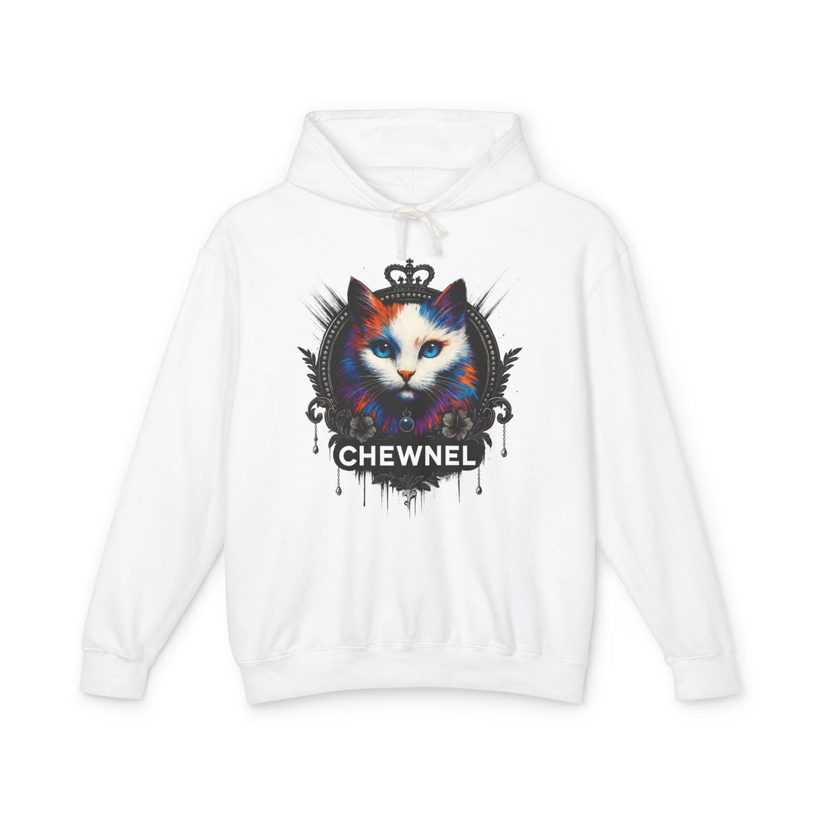 Chewnel Royal Baroque Cat Graphic Hoodie in white, front view