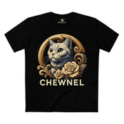 Chewnel Royal Rose parody graphic black t shirt for cat lovers, front view, funny mens and womens tee, by Mad Cat Cartel