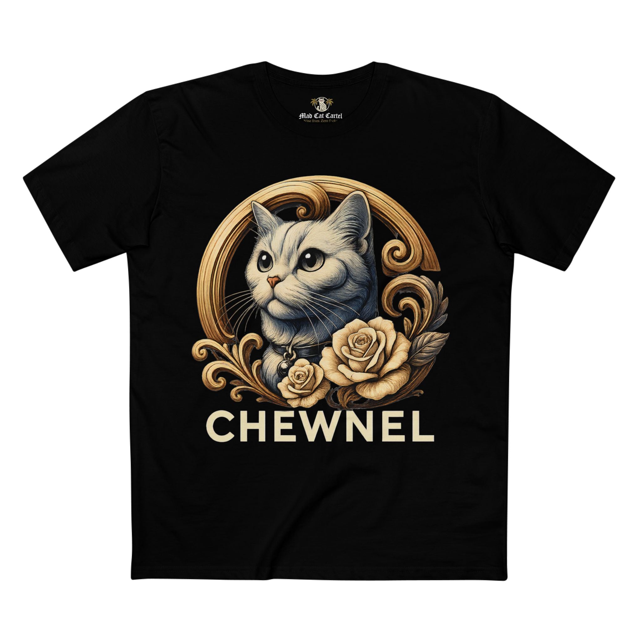 Chewnel Royal Rose parody graphic black t shirt for cat lovers, front view, funny mens and womens tee, by Mad Cat Cartel