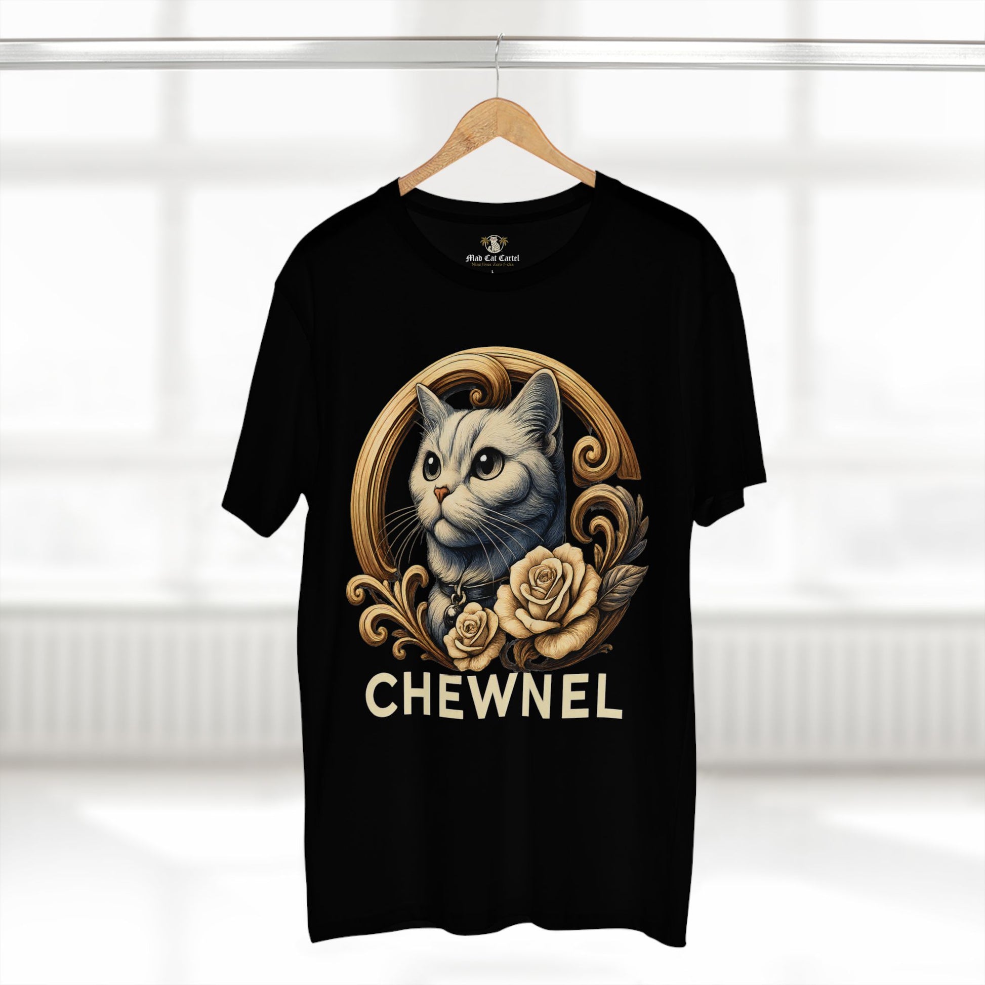 Chewnel Royal Rose graphic t shirt on hanger, front angle, cotton cat parody tee for men and women
