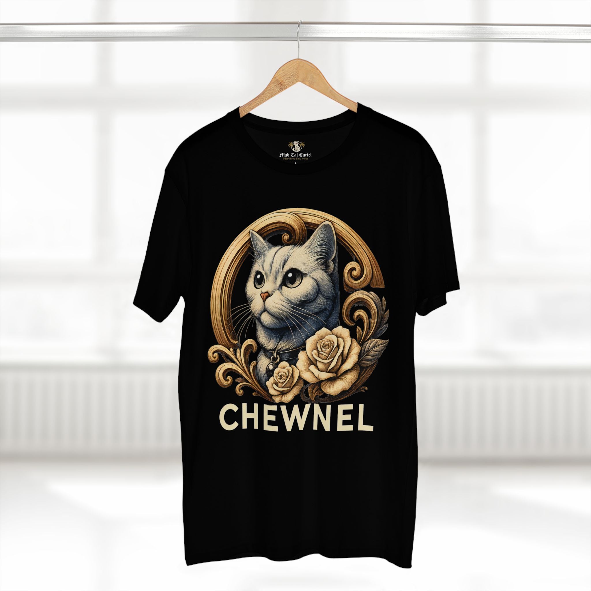 Chewnel Royal Rose graphic t shirt on hanger, front angle, cotton cat parody tee for men and women