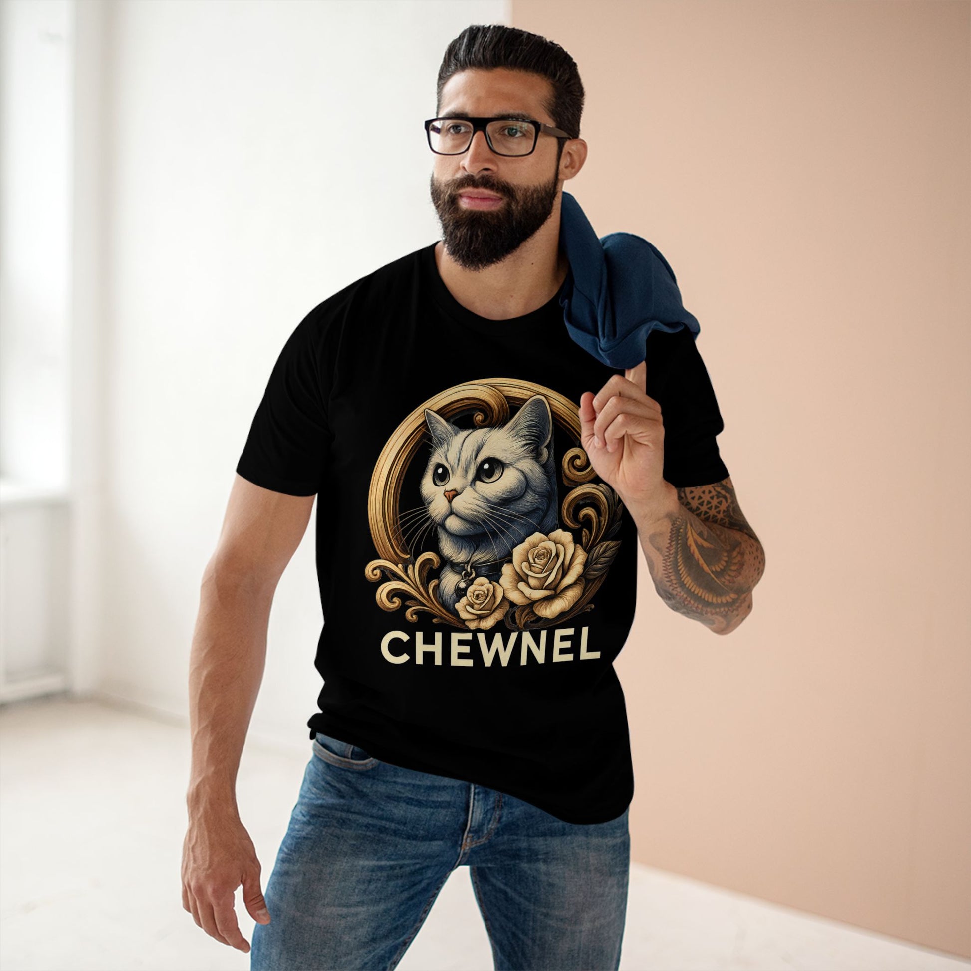 male model wearing Chewnel Royal Rose black t shirt, funny parody cat lovers shirt, Mad Cat Cartel collection