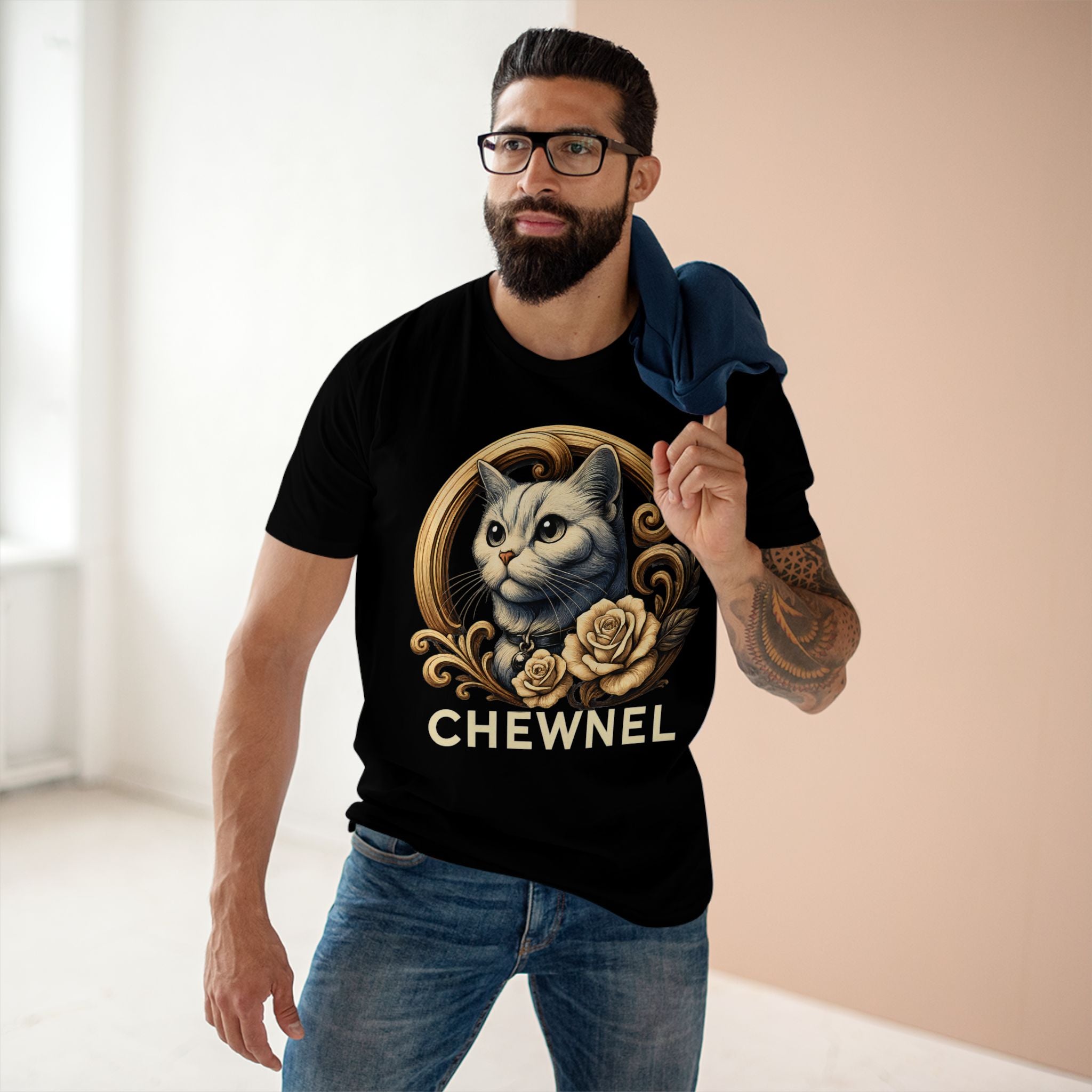 male model wearing Chewnel Royal Rose black t shirt, funny parody cat lovers shirt, Mad Cat Cartel collection