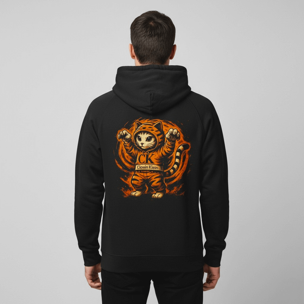 Clawin Klein Chest Logo Tiger Mode Cat Graphic T-Shirt in black, back view on a model
