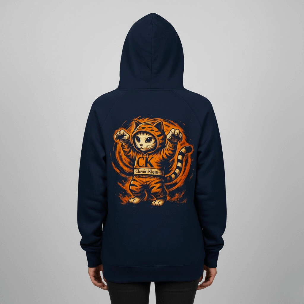Clawin Klein Chest Logo Tiger Mode Cat Graphic T-Shirt in navy, back view