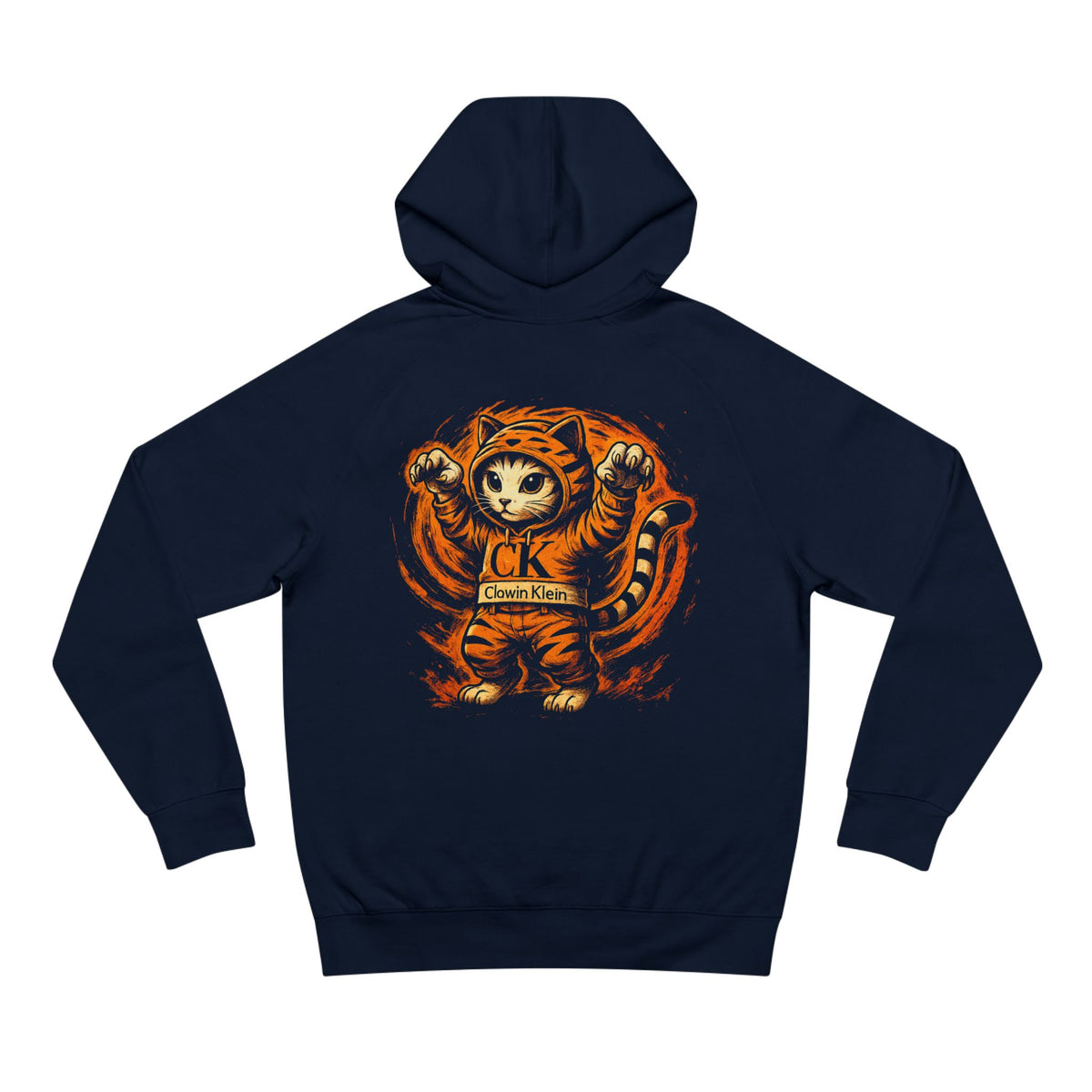 Clawin Klein Chest Logo Tiger Mode Cat Graphic T-Shirt in navy, back view