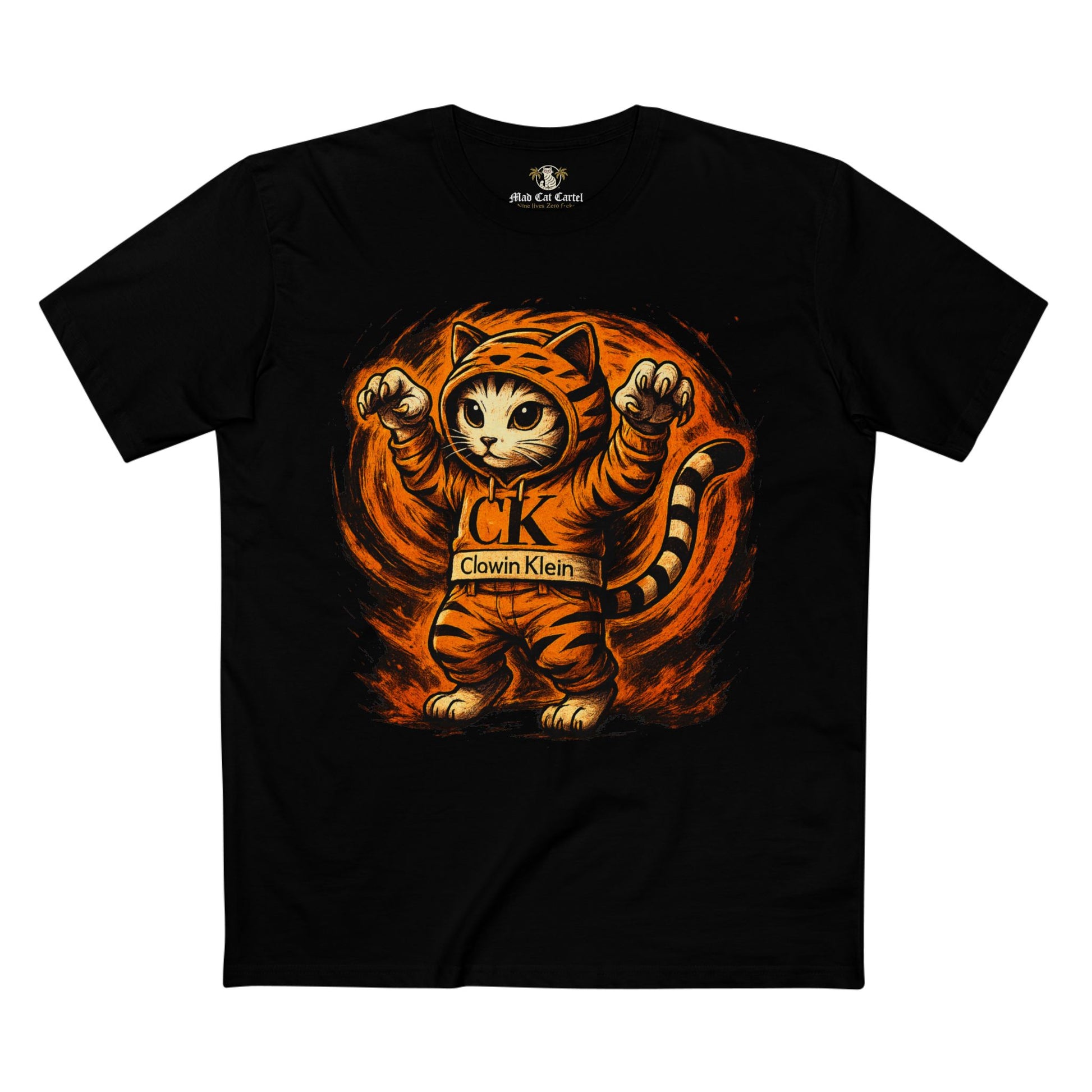 Clawin Klein Tiger Mode parody black t shirt, graphic cat on a shirt design