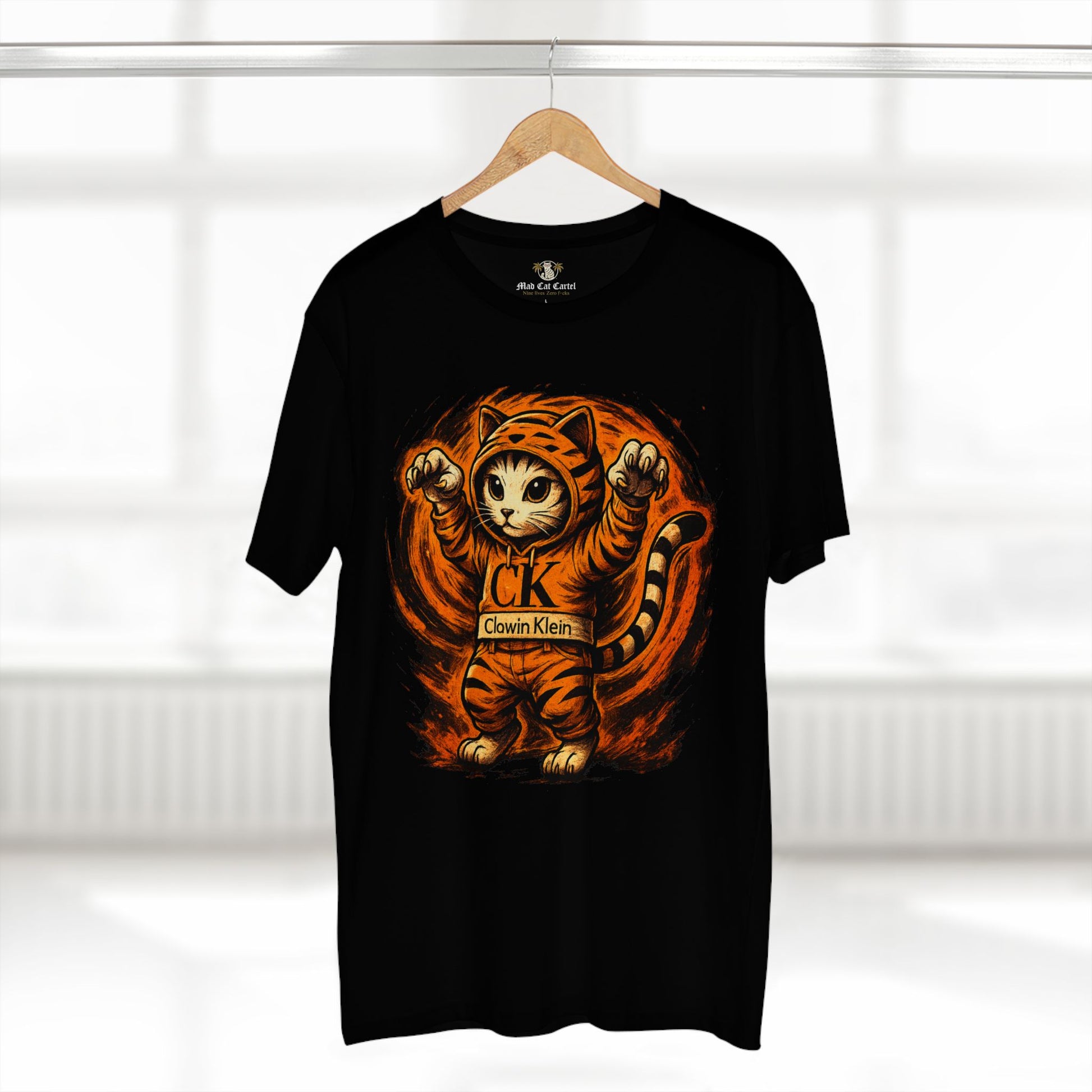 Clawin Klein Tiger Mode black t shirt on hanger, front angle, cotton parody shirt by Mad Cat Cartel