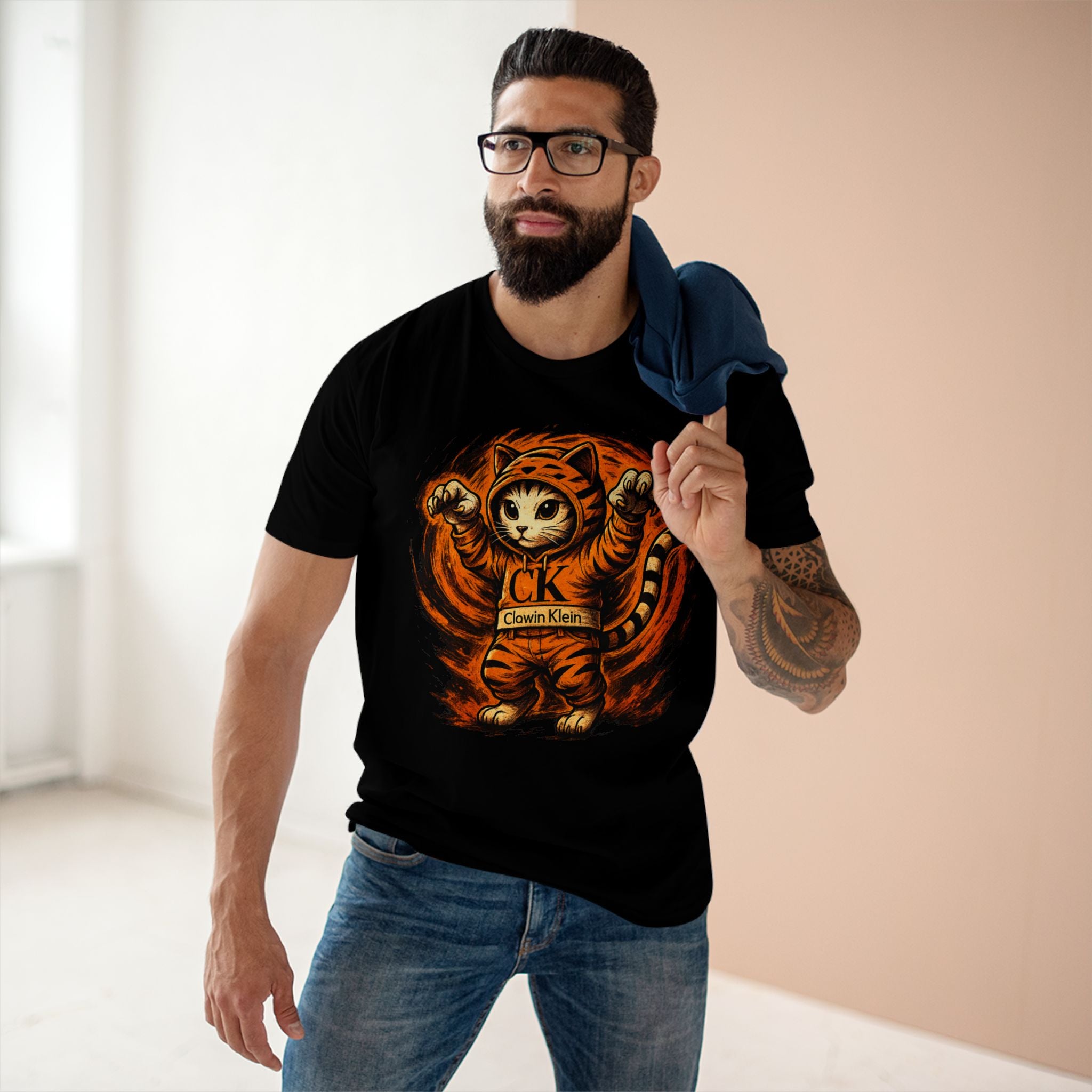 male model wearing Clawin Klein Tiger Mode parody t shirt, funny black graphic tee for cat lovers