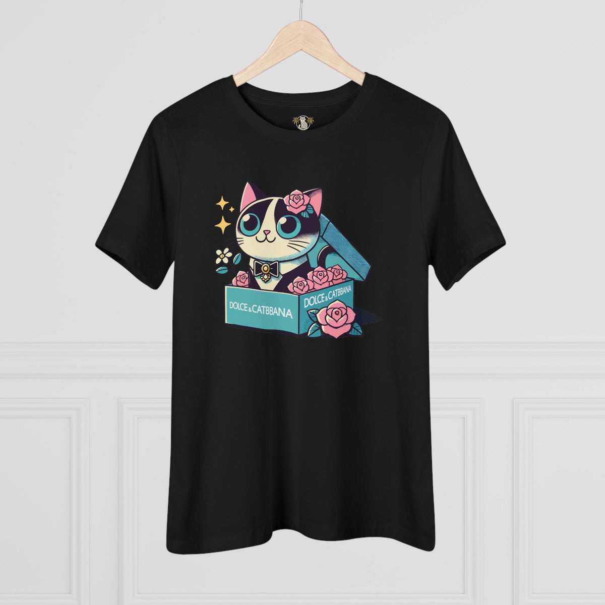 Dolce & Catbana Rose Box Women's Graphic T-Shirt in black, on a hanger