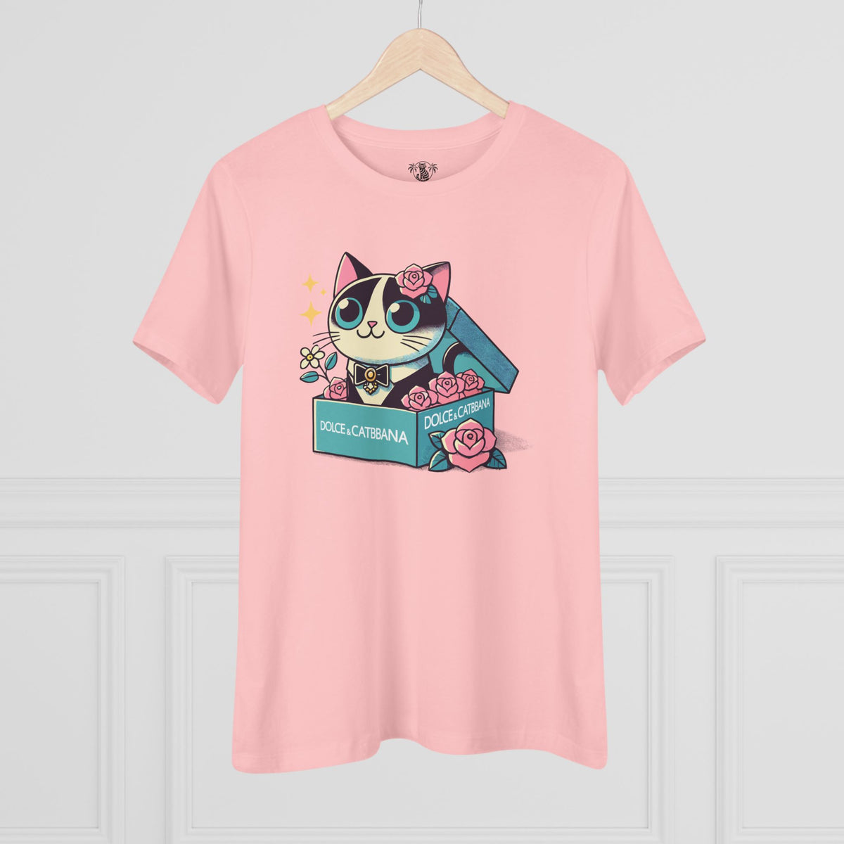 Dolce & Catbana Rose Box Women's Graphic T-Shirt in pink, on a hanger