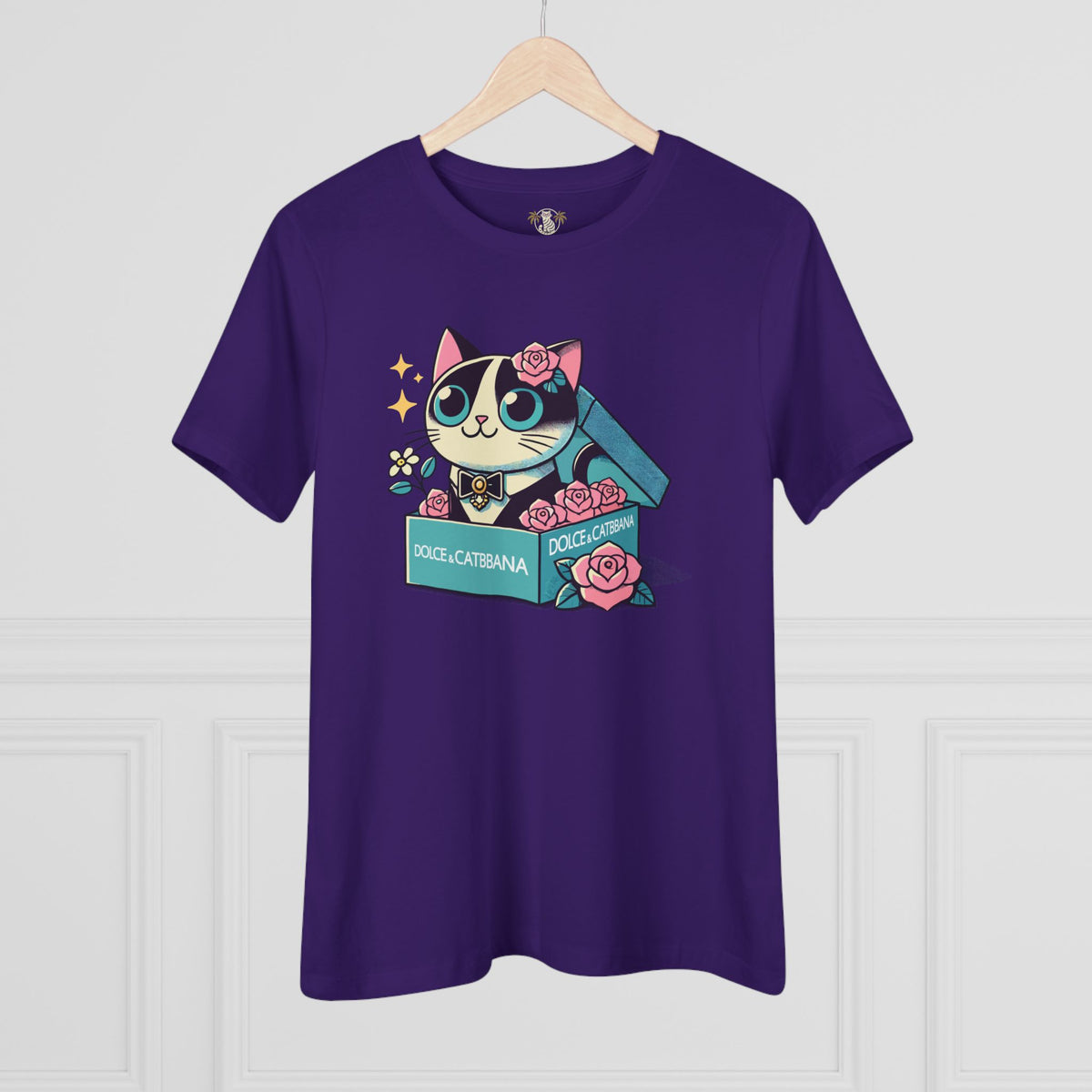 Dolce & Catbana Rose Box Women's Graphic T-Shirt in team purple, on a hanger