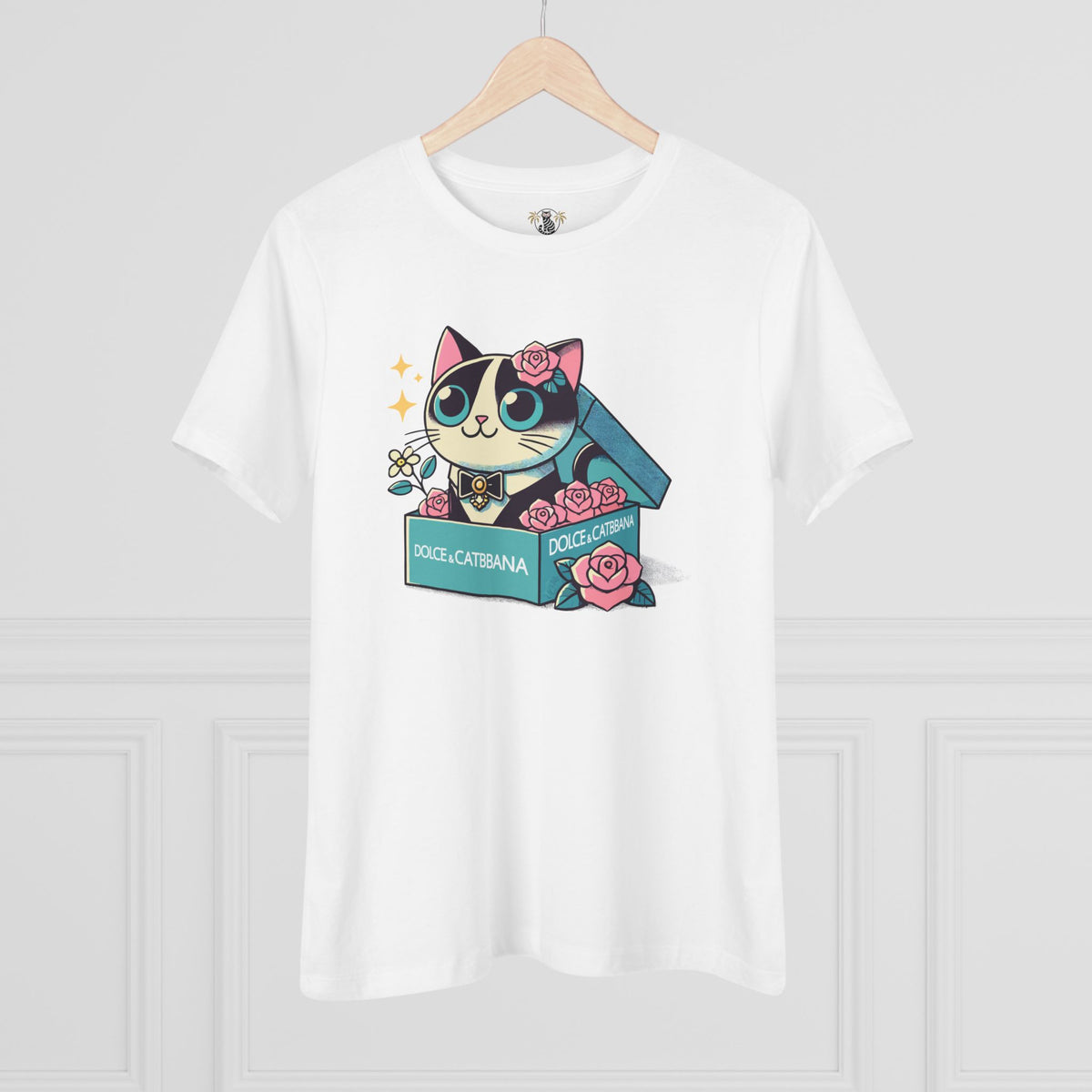 Dolce & Catbana Rose Box Women's Graphic T-Shirt in white, on a hanger