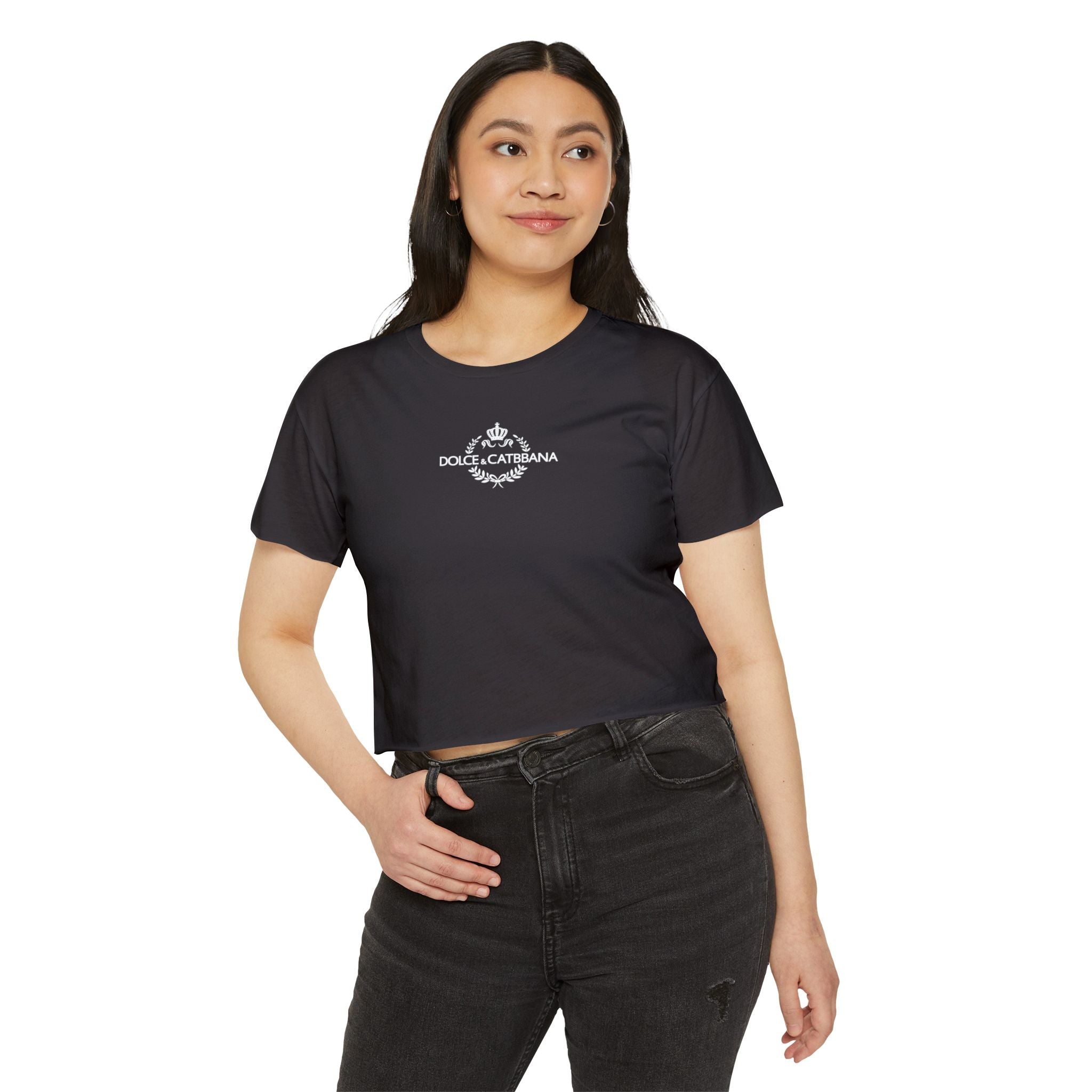 Dolce & Catbbana Chest Logo Fedora Cat Women's Graphic Crop Top in black, worn by a model