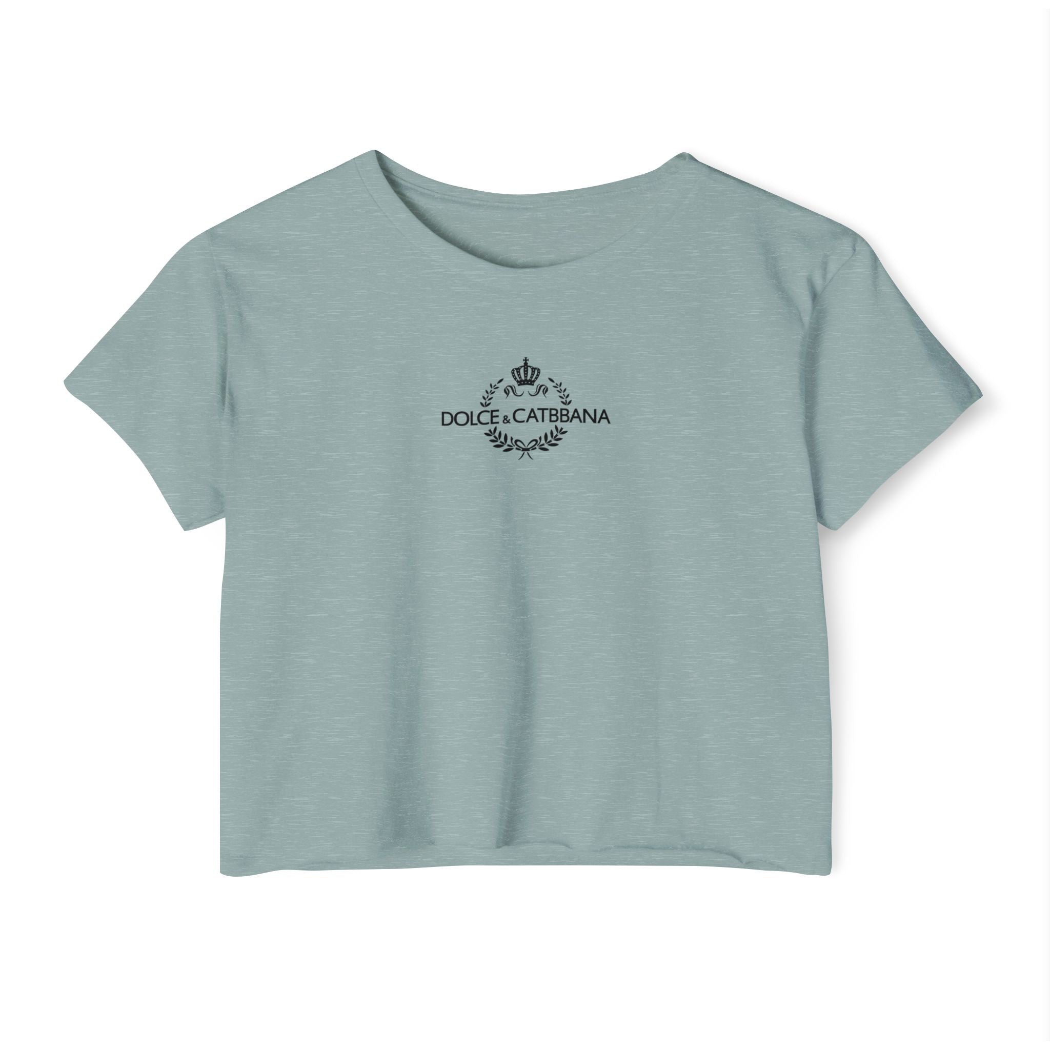 Dolce & Catbbana Chest Logo Fedora Cat Women's Graphic Crop Top in stonewash green, front view