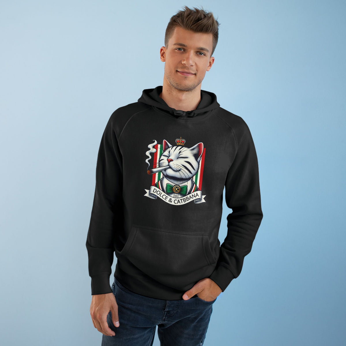 Dolce & Catbbana Don Royal Cat Graphic Hoodie in black, worn by a male model