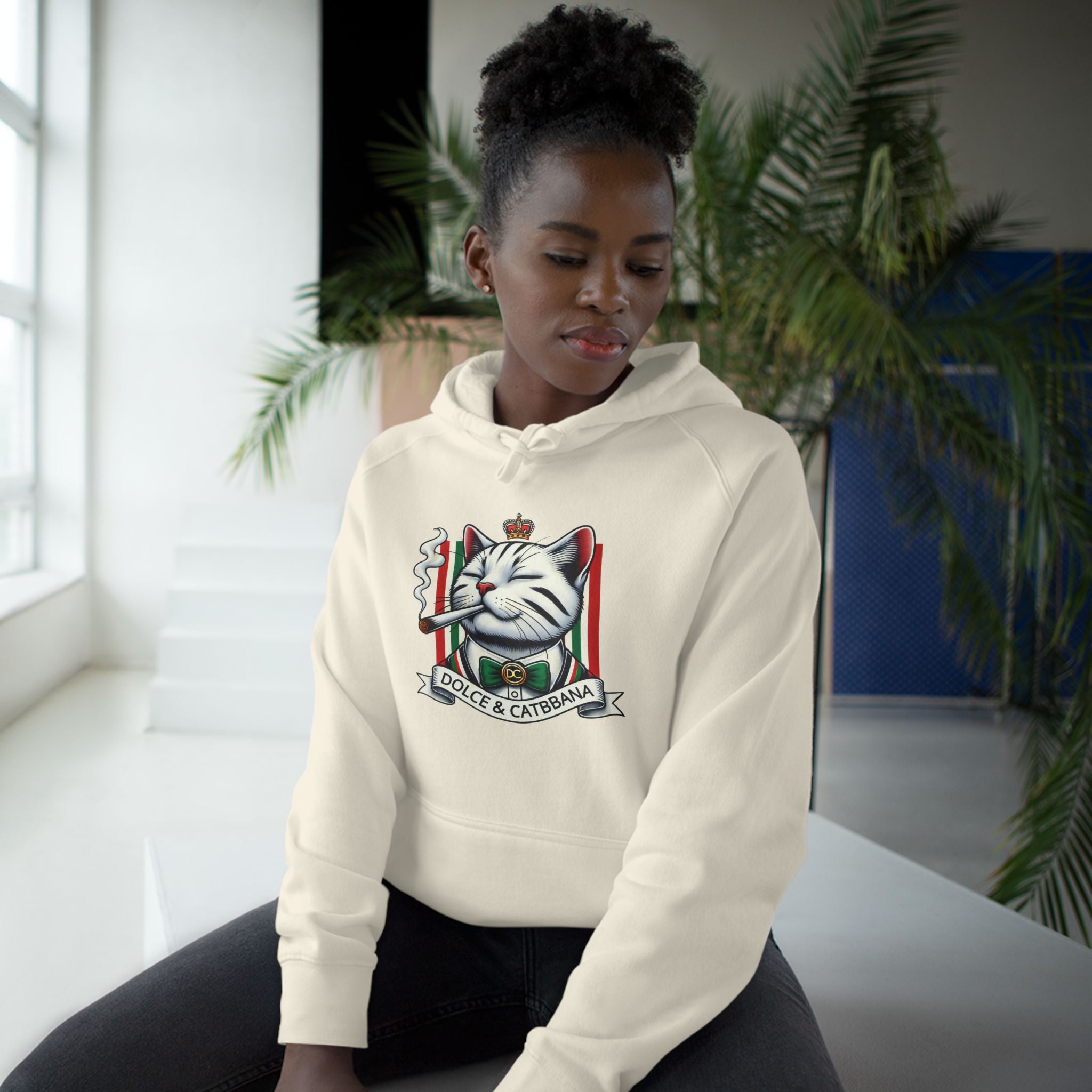 Dolce & Catbbana Don Royal Cat Graphic Hoodie in ecru, worn by a female model