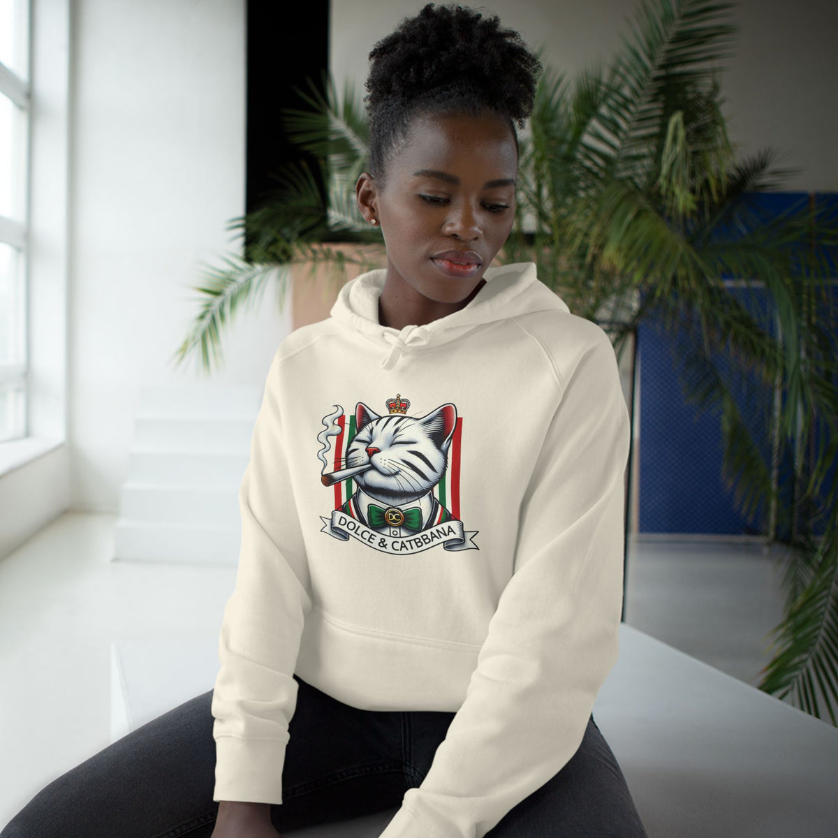Dolce & Catbbana Don Royal Cat Graphic Hoodie in ecru, worn by a female model