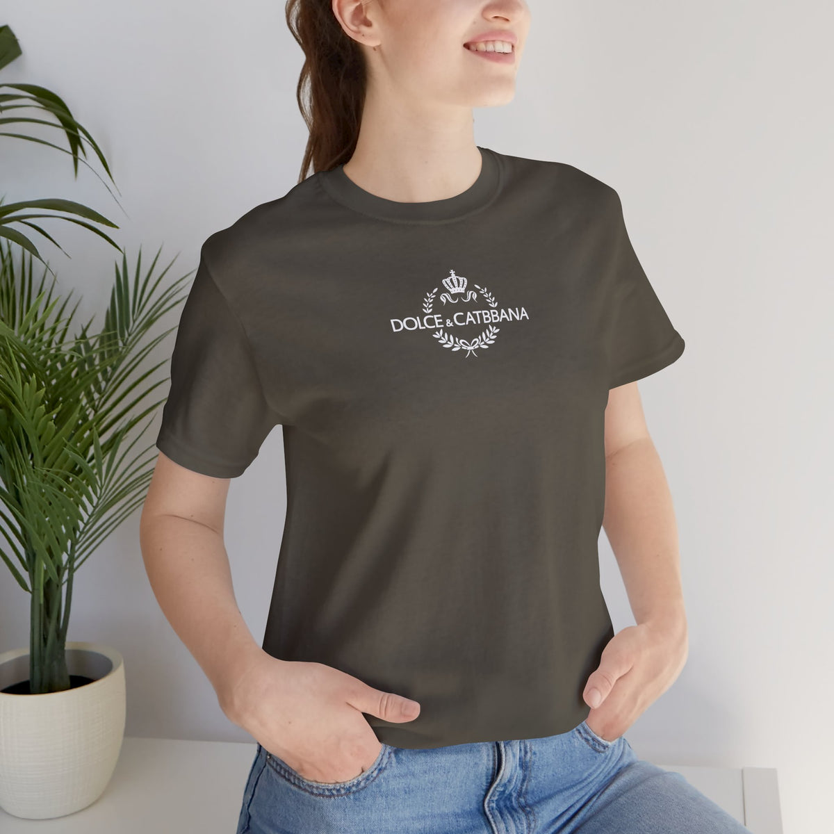 Dolce & Catbbana Feline Couture T-Shirt in army, worn by a female model