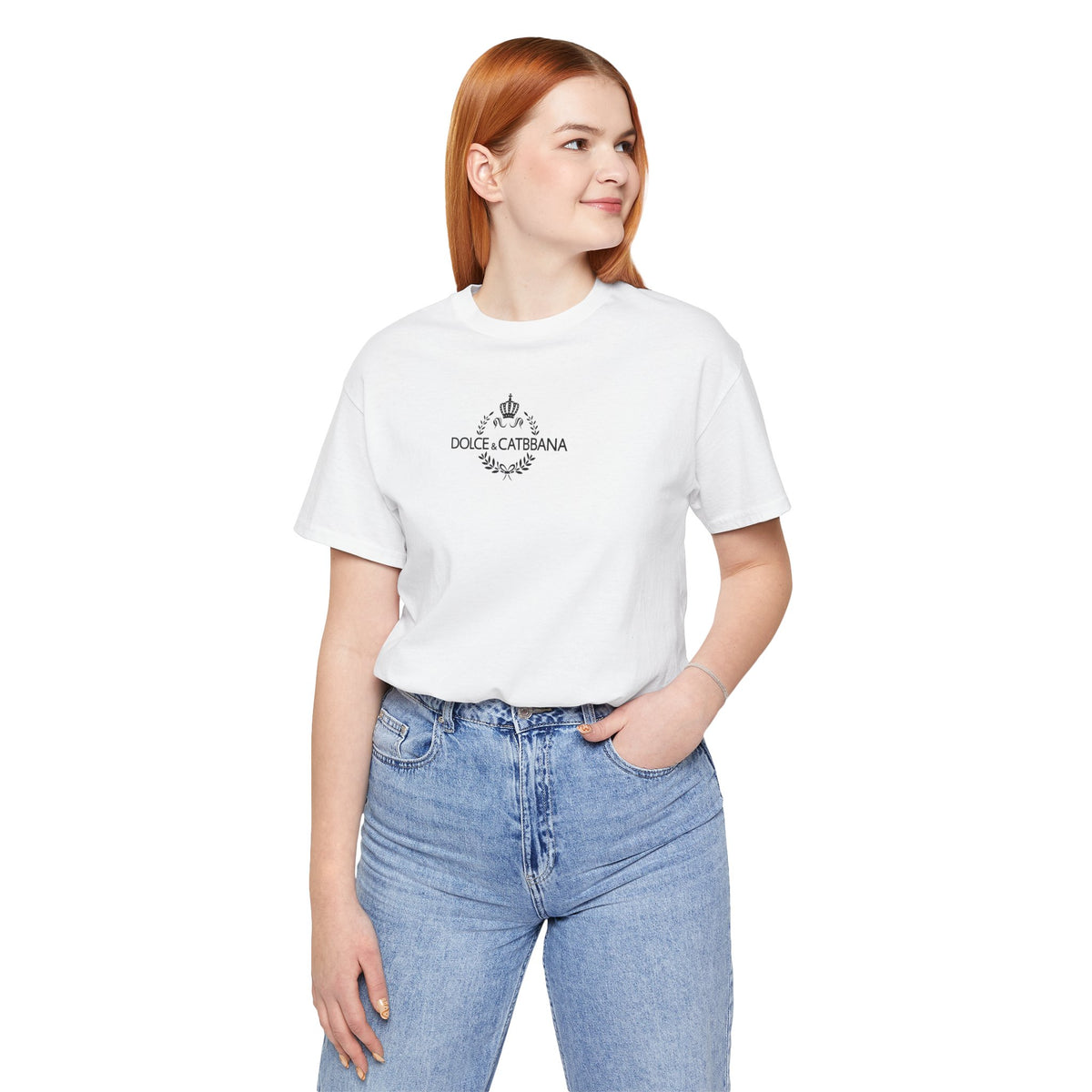Dolce & Catbbana Feline Couture T-Shirt in white, worn by a female model