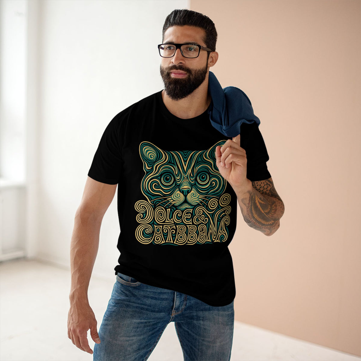 Dolce & Catbbana Psychedelic Cat Graphic T-Shirt in black, worn by a male model