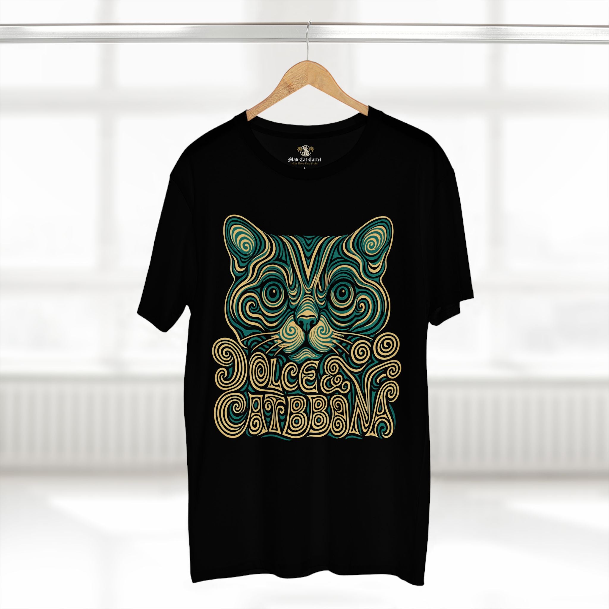 Dolce & Catbbana Psychedelic Cat Graphic T-Shirt in black, on a hanger
