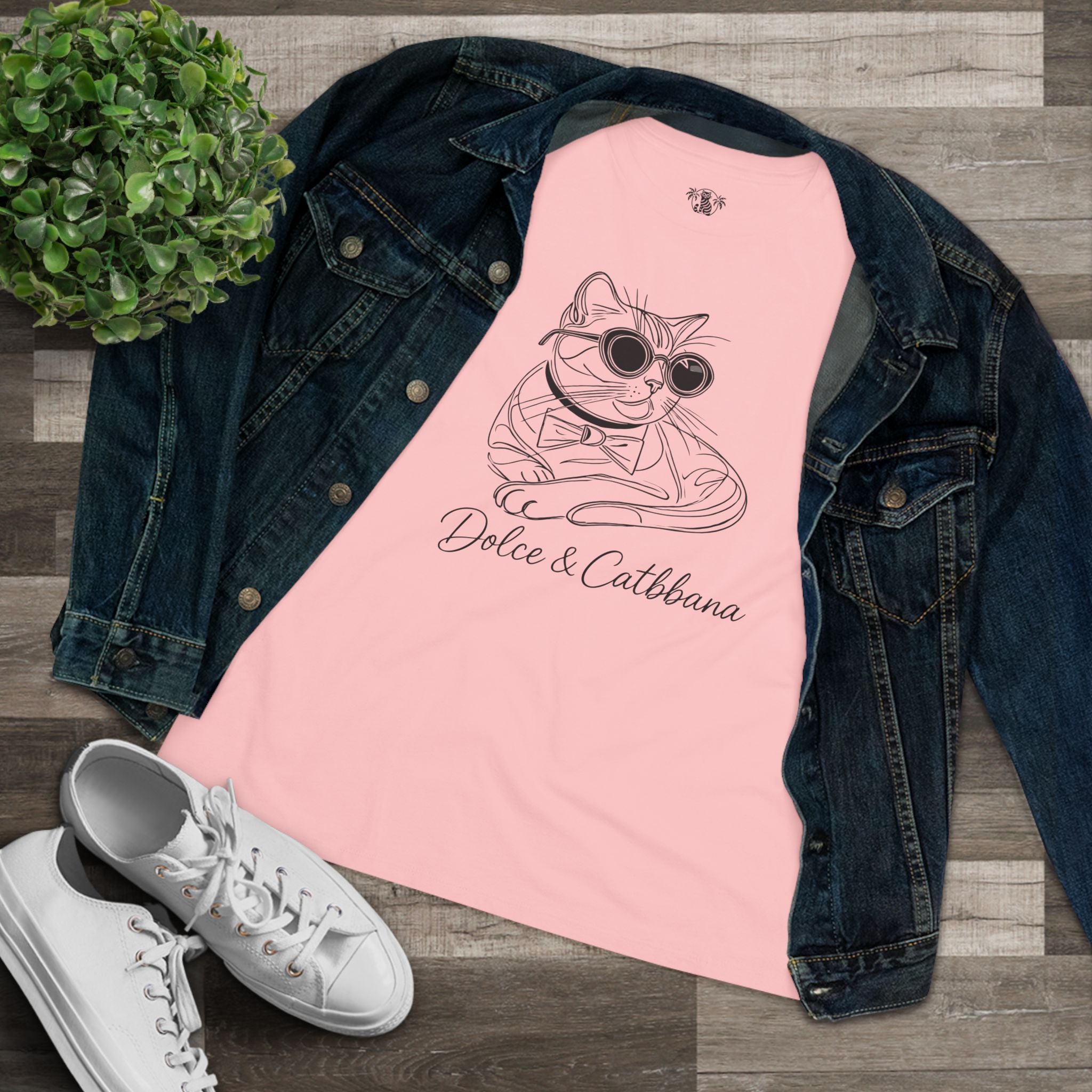 Dolce & Catbbana Sketch Cat Style Women's Graphic T-Shirt in pink, flat lay
