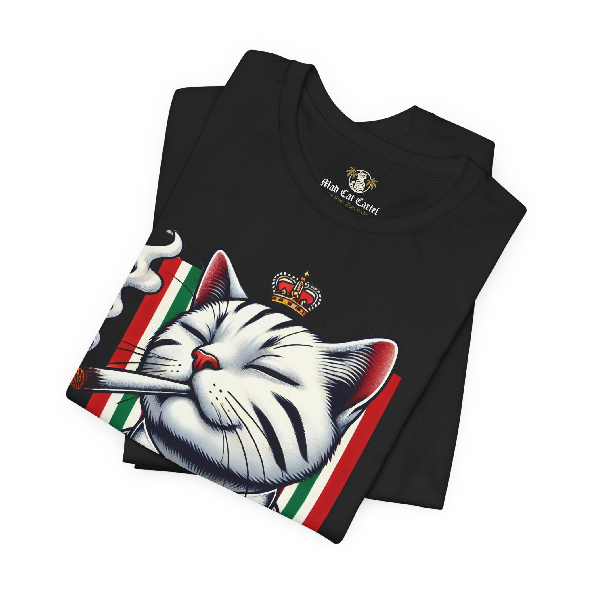 folded black Dolce & Catbbana Don Royal t shirt, cat lovers designer parody graphic tee